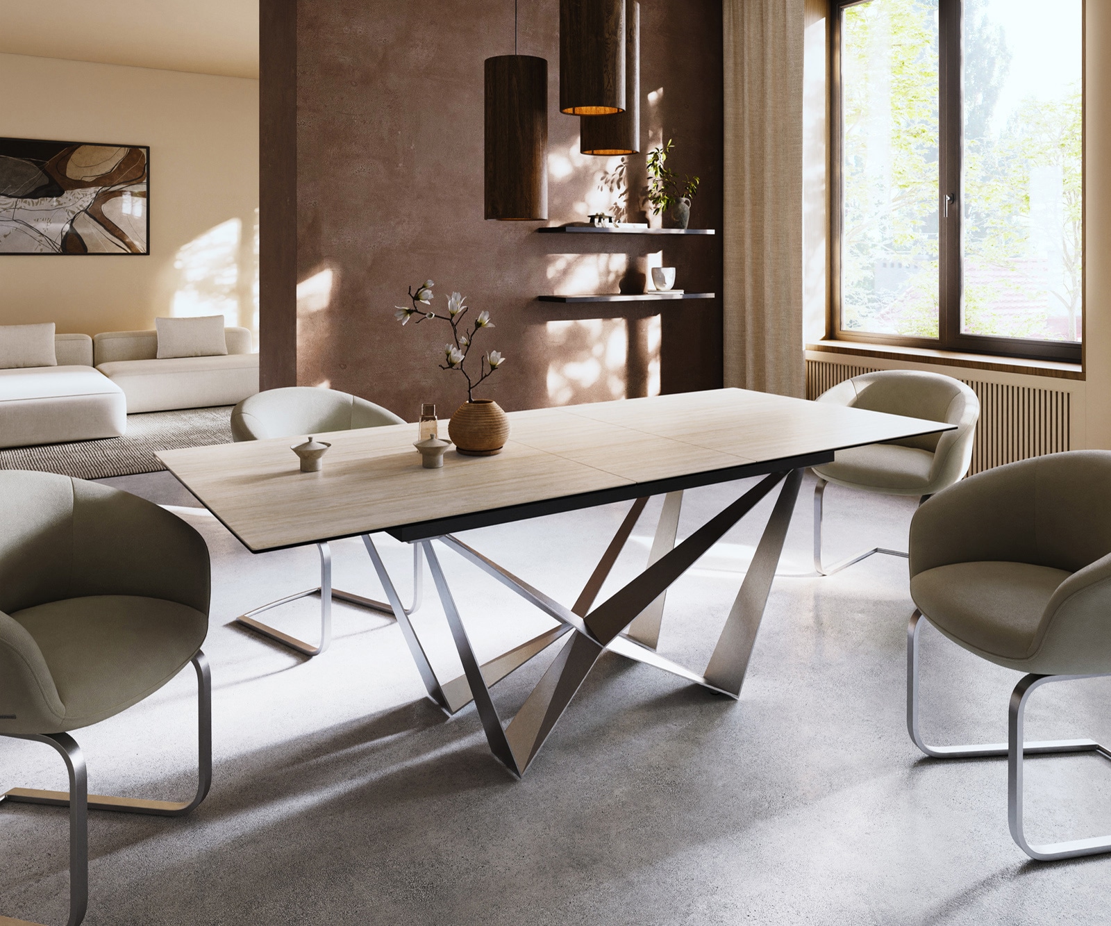 DELIFE Esstisch Edge 180-220x100 Keramik Laminam Travertino Bianco Creme-Weiß Spider Flachstahl Edelstahl ausziehbar
