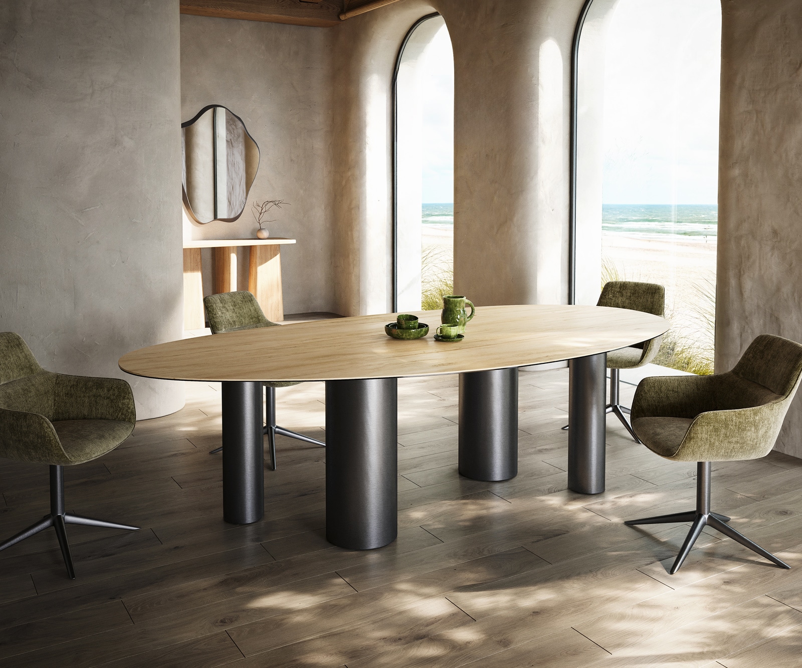 DELIFE Esstisch Edge Oval 280x130 Keramik Laminam Sabbia Eichefarbig Pilier Edelstahl Graphit