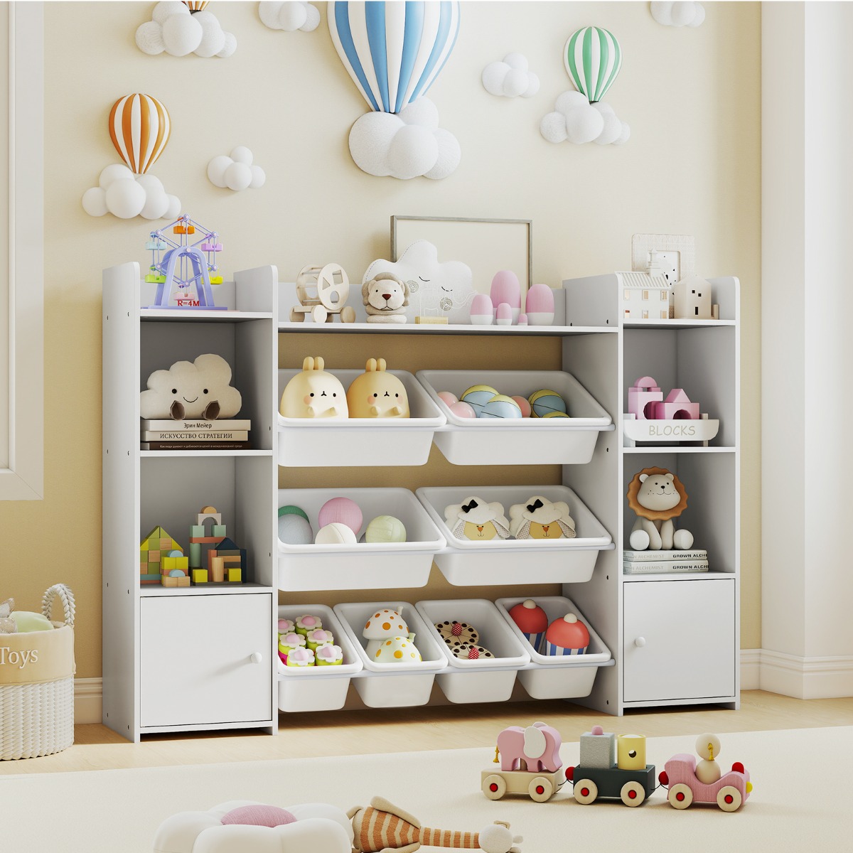 Costway 4-laags Kinderrek met 8 Dozen & 2 Kasten & Planken Houten Speelgoedkast Wit