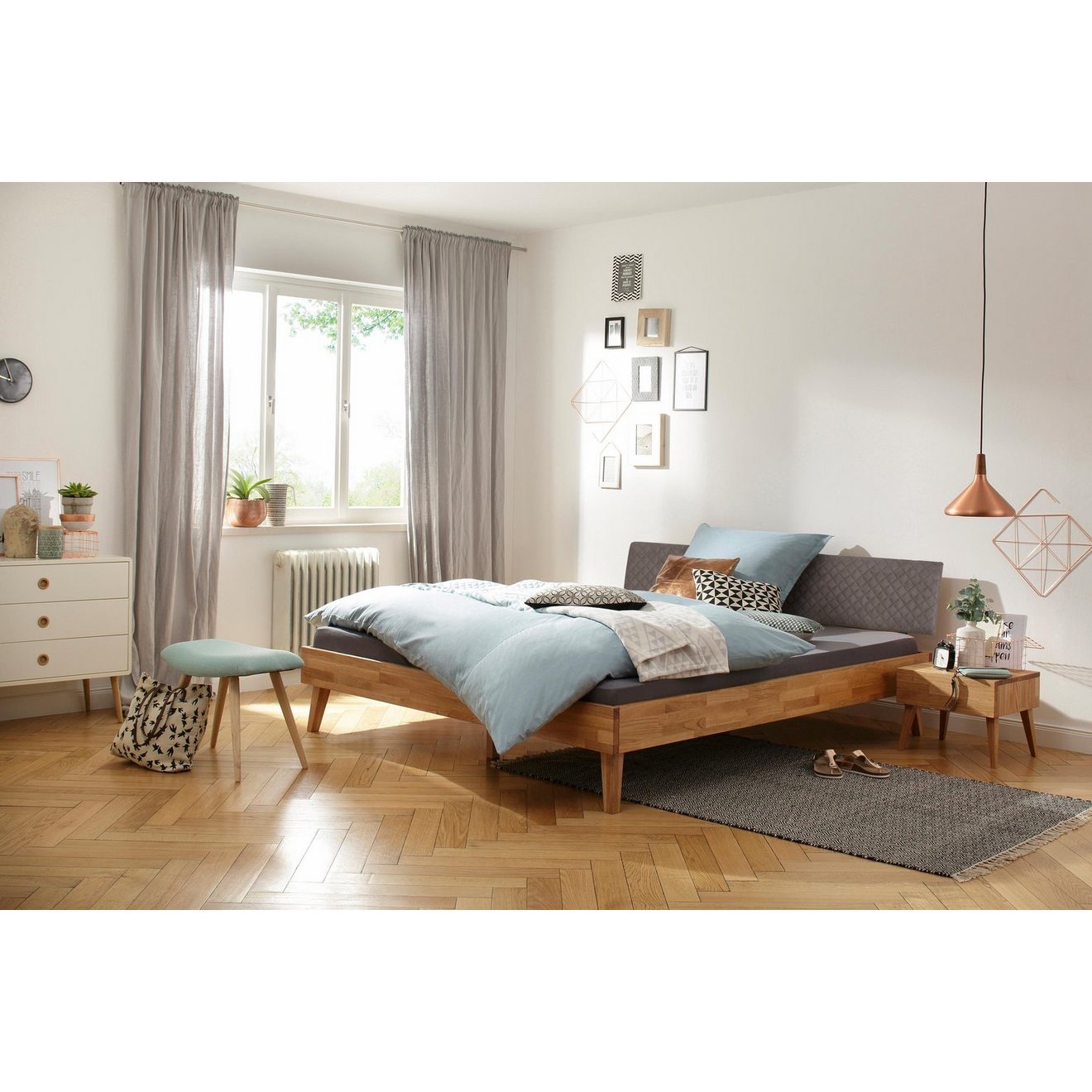 Home affaire Bed Natali van massief eiken, bekleed hoofdbord overtrokken met kunstleer