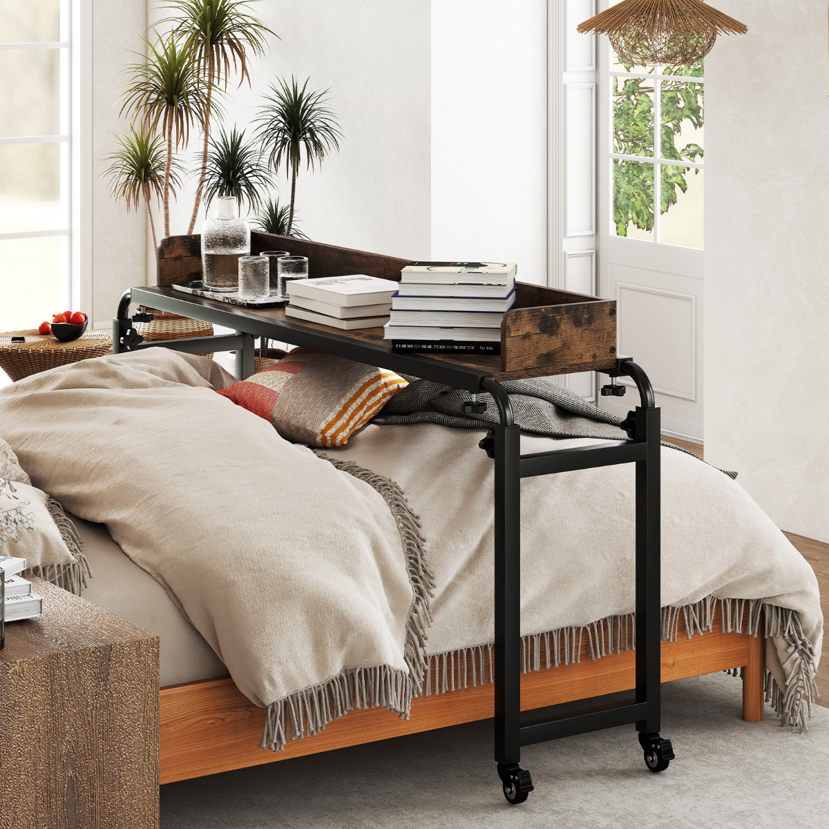 Costway Bedtafel met wielen & Verstelbare Hoogte & Lengte Bedtafel Zorgtafel Bureau