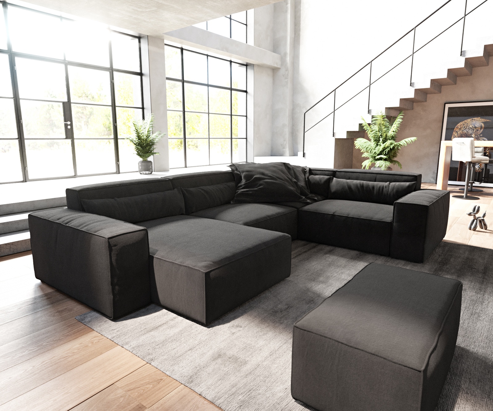 DELIFE Wohnlandschaft Sirpio 300x200 cm Mikrofaser Schwarz Recamiere variabel mit Hocker