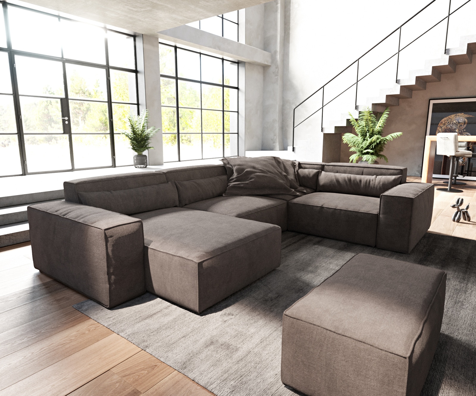 DELIFE Wohnlandschaft Sirpio 300x200 cm Mikrofaser Khakibraun Recamiere variabel mit Hocker