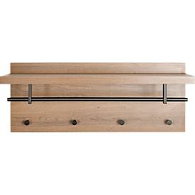 HAKU wandkapstok, 4 haken, elk met 3 kg draagvermogen, kledingstang, hoedenplank, B 750 x D 260 x H 300 mm, hout/metaal, donker eiken decor/zwart