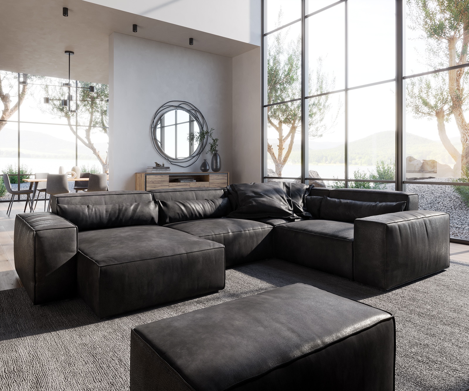 DELIFE Wohnlandschaft Sirpio 300x200 cm Lederimitat Vintage Anthrazit Recamiere variabel mit Hocker