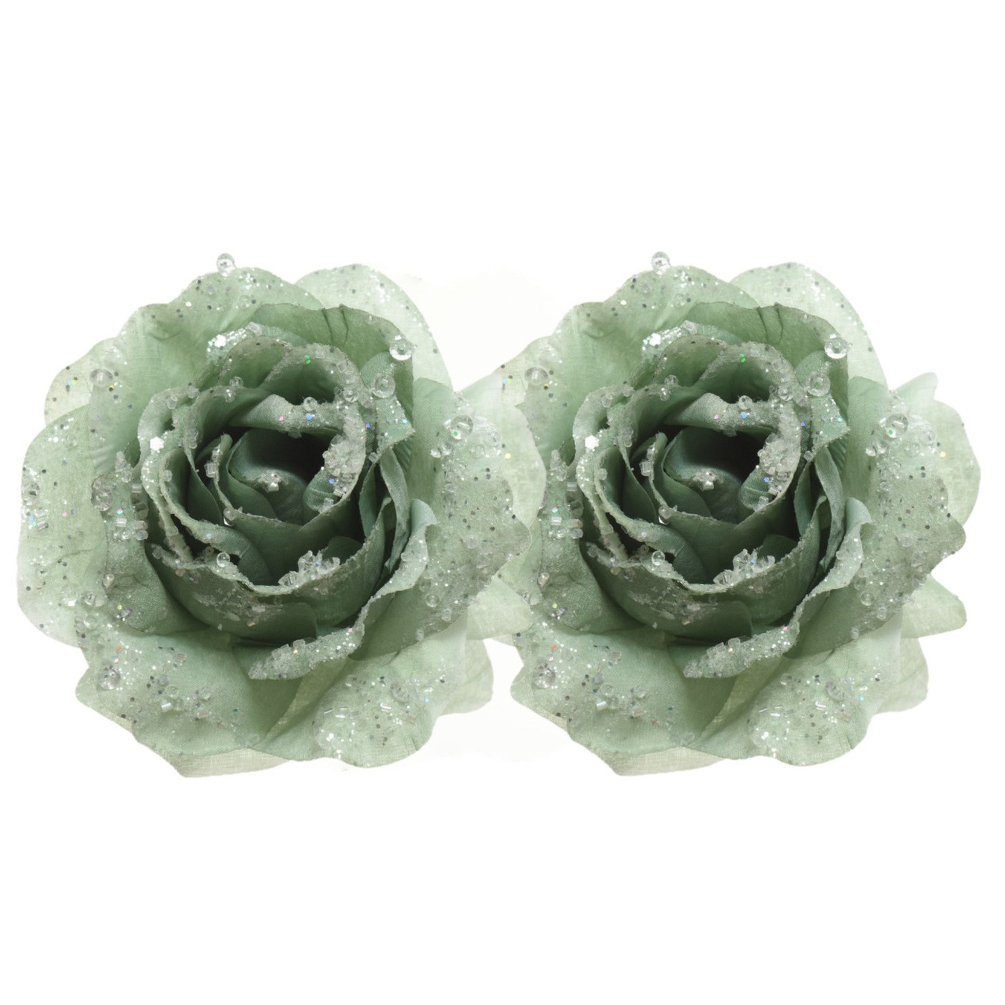 Merkloos Kerstboomversiering Bloem - 2x stuks - 12 cm - salie groen - op clip - ornament - roos -