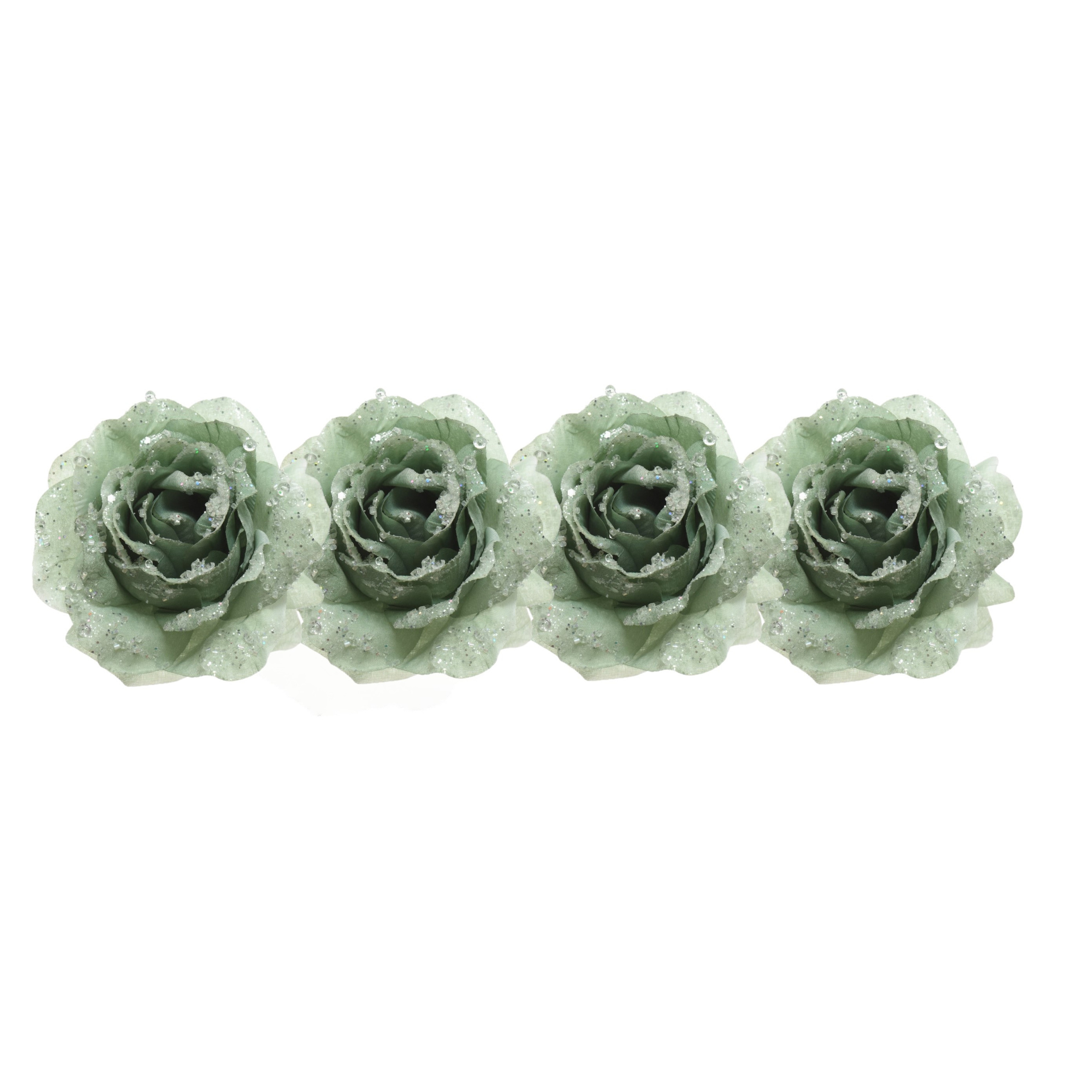 Merkloos Kerstboomversiering Bloem - 4x stuks - 12 cm - salie groen - op clip - ornament - roos -