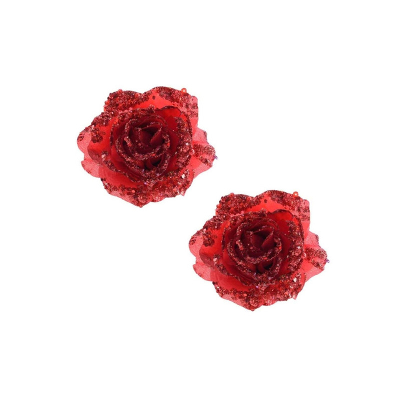 Decoris Kerstboomversiering Bloem - 4x stuks - 14 cm - rood - op clip - ornament - roos -