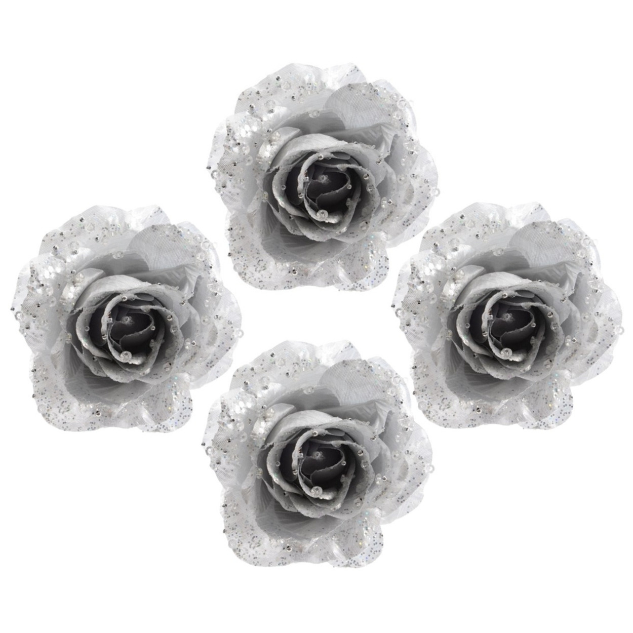 Decoris Kerstboomversiering Bloem - 4x - 12 cm - zilver - op clip - ornament - roos -