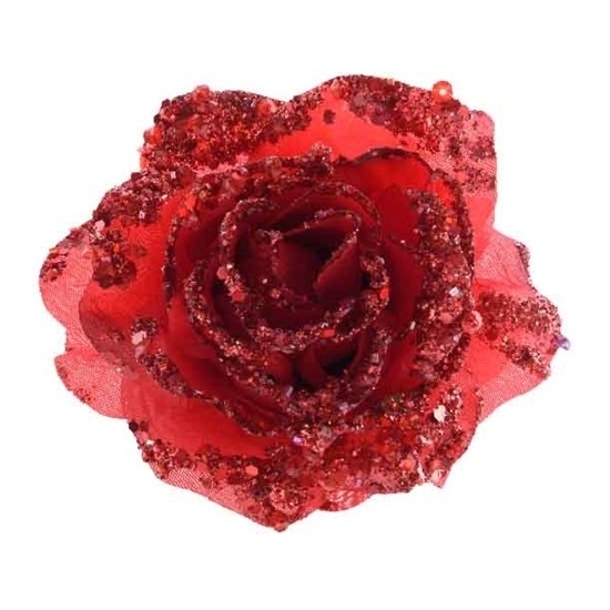 Merkloos Kerstboomversiering Bloem - 6x - 14 cm - rood - op clip - ornament - roos -
