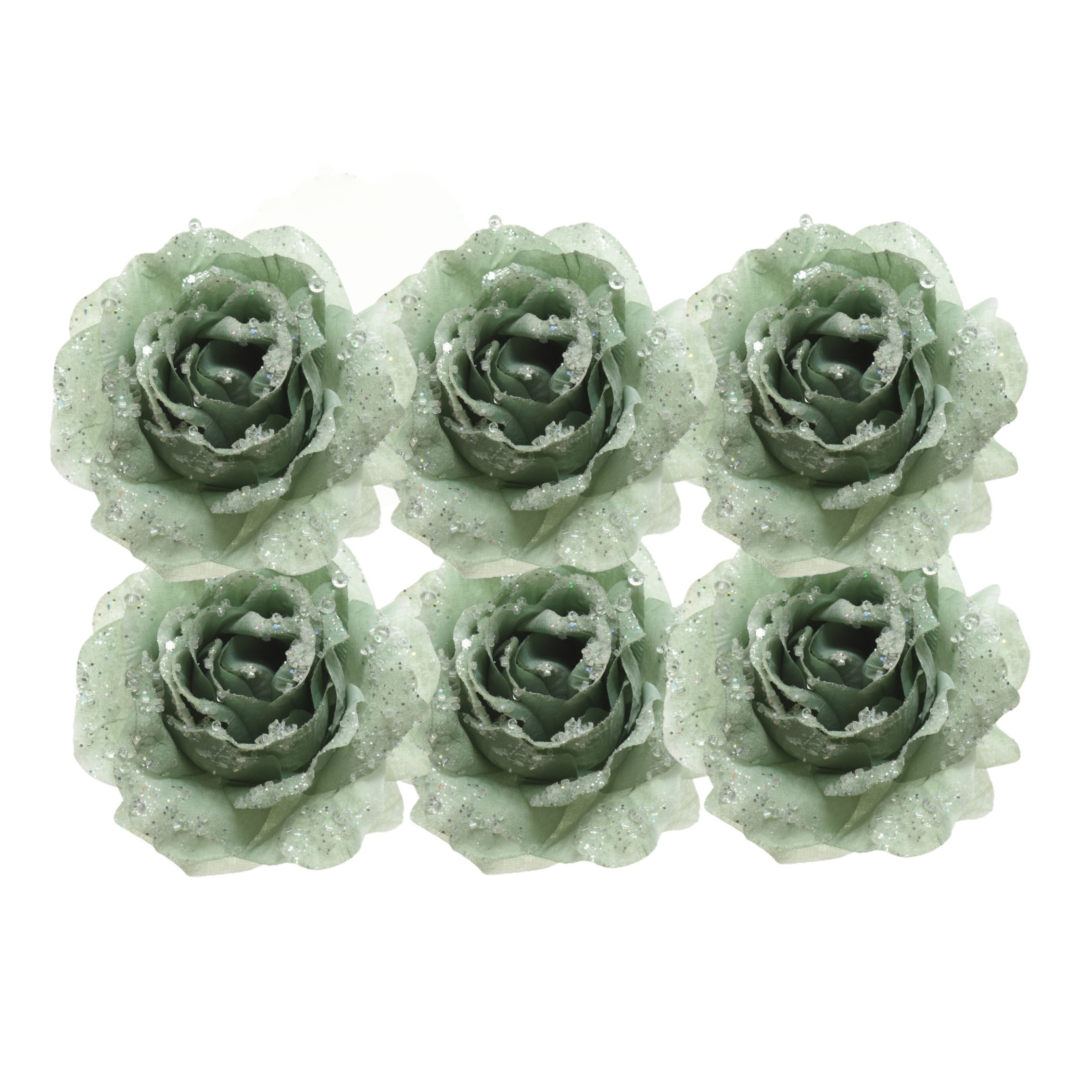 Merkloos Kerstboomversiering Bloem - 6x stuks - 12 cm - salie groen - op clip - ornament - roos -