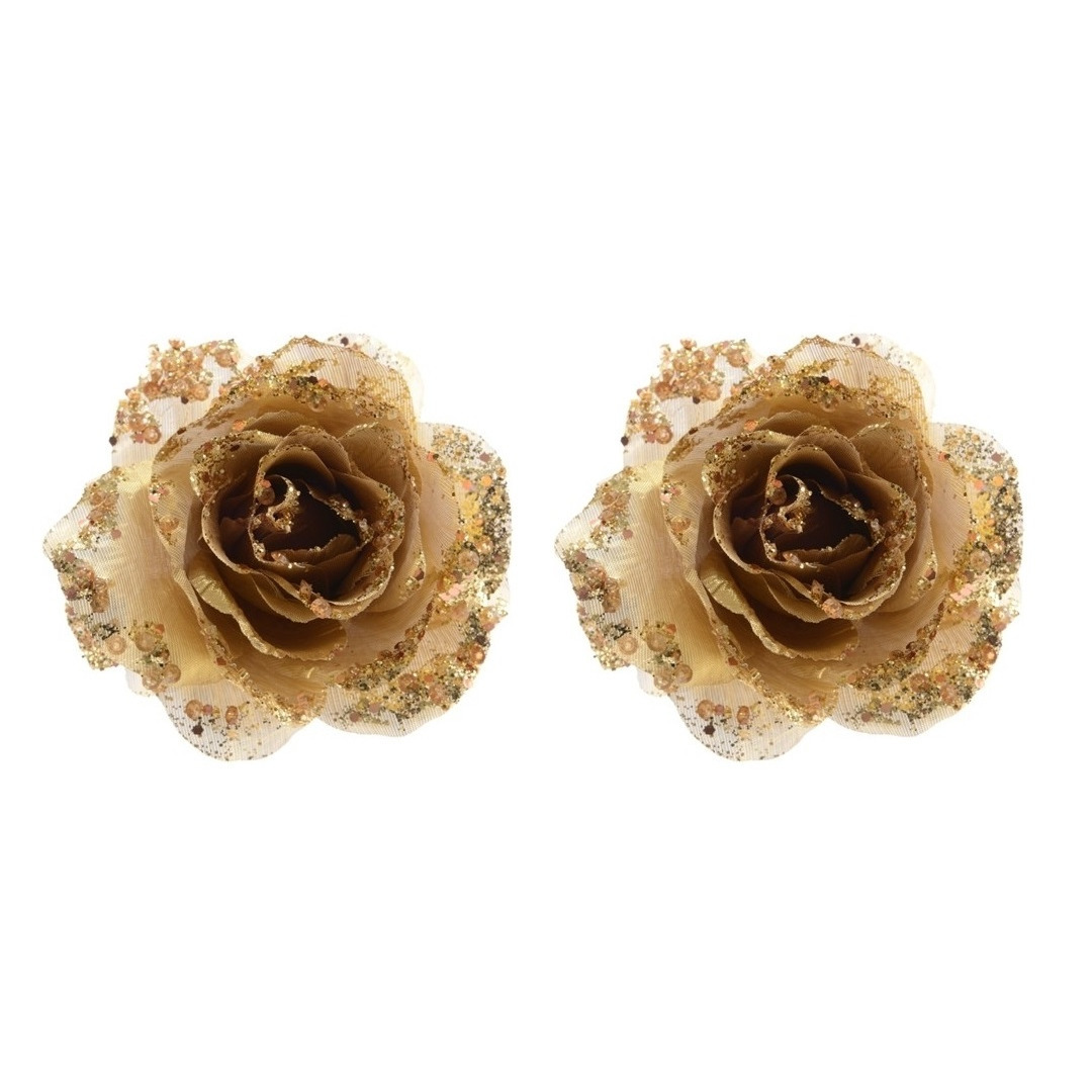 Merkloos Kerstboomversiering Bloem - 10x stuks - 14 cm - goud - op clip - ornament - roos -