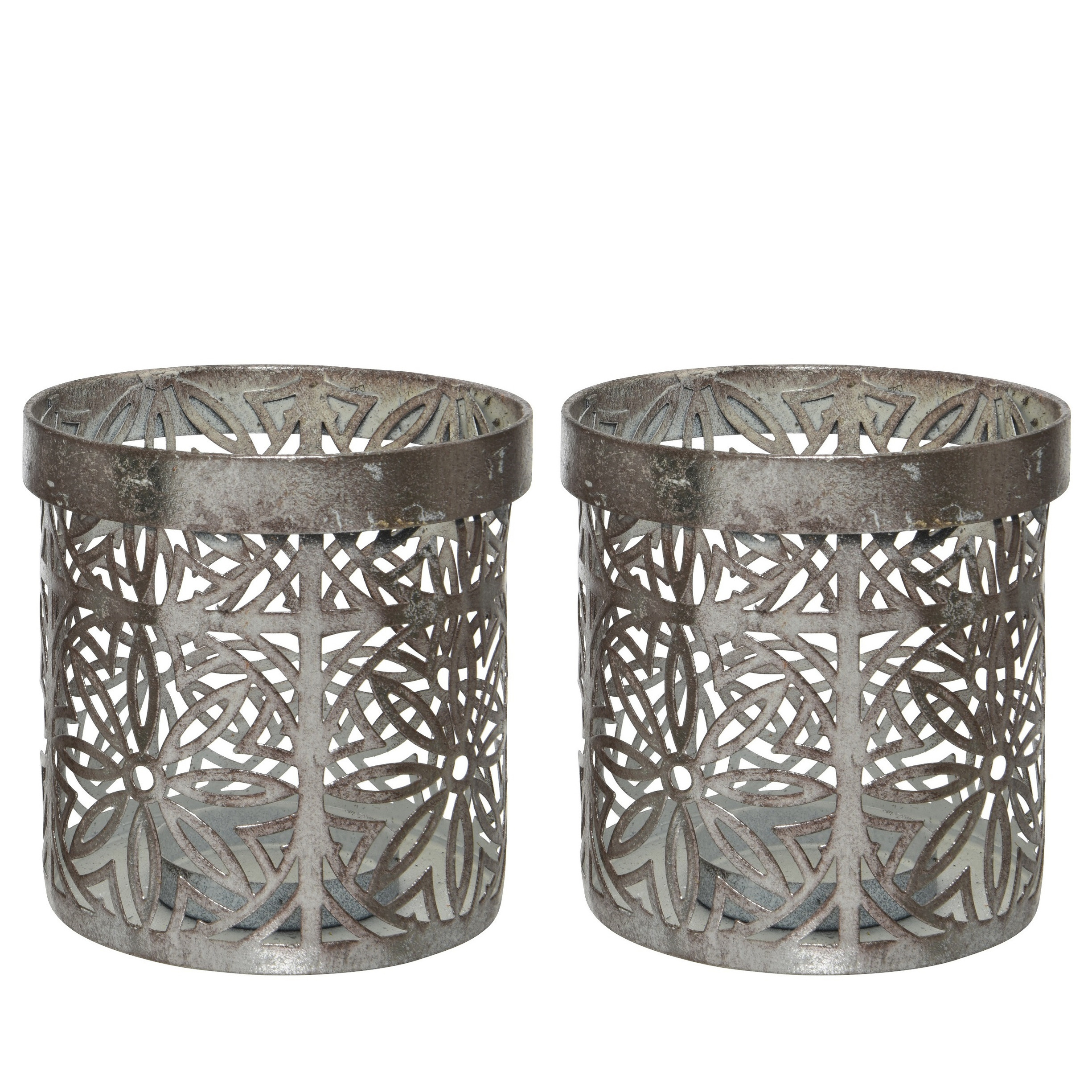 Decoris Waxinelicht houders set - 4x - metaal - grijs - bloemenpatroon - Windlichtjes - kaarsenhoude -