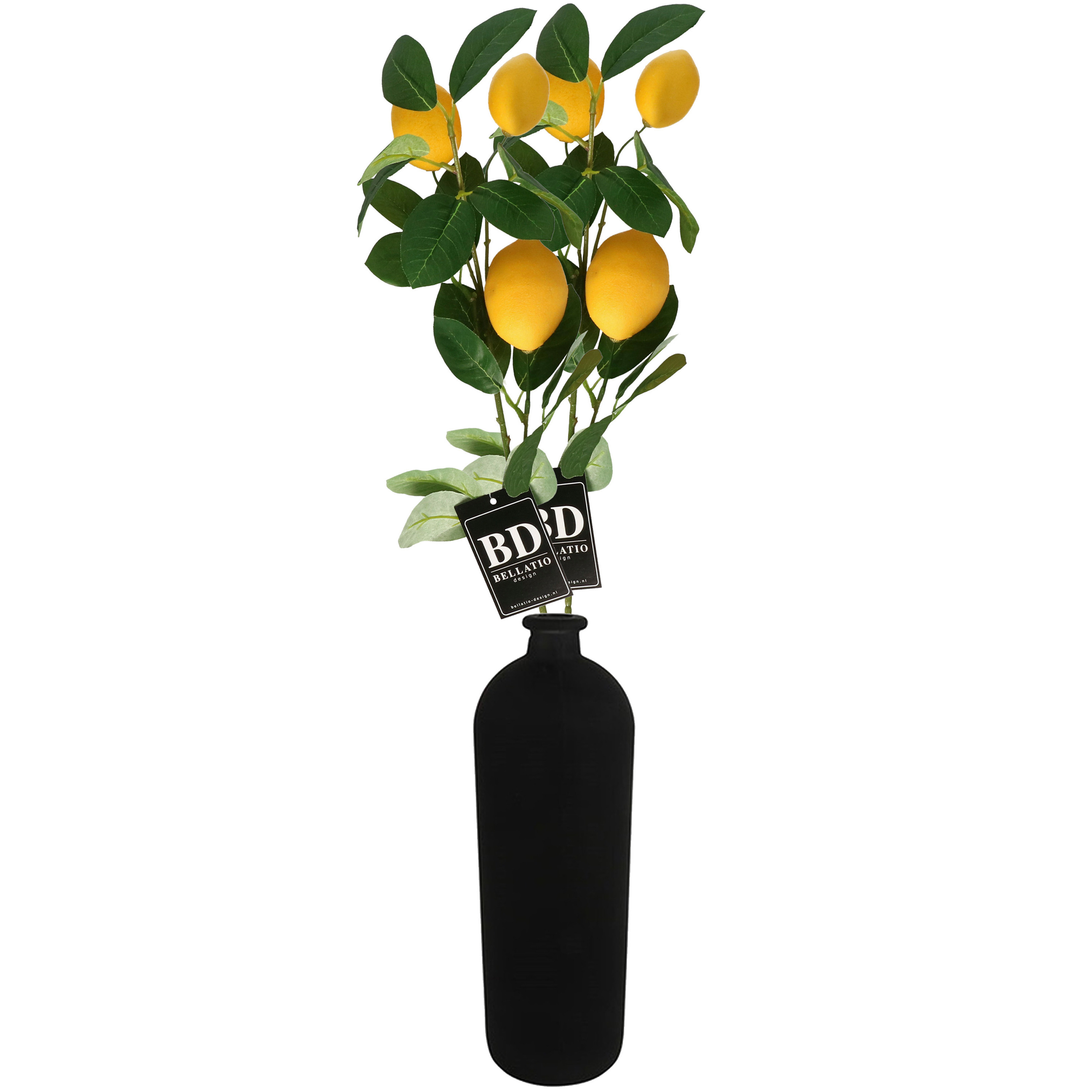 Bellatio Design Kunstbloem citrusfruit tak citroen - 2x - 74 cm - geel - losse steel - Kunst zijdebloemen -