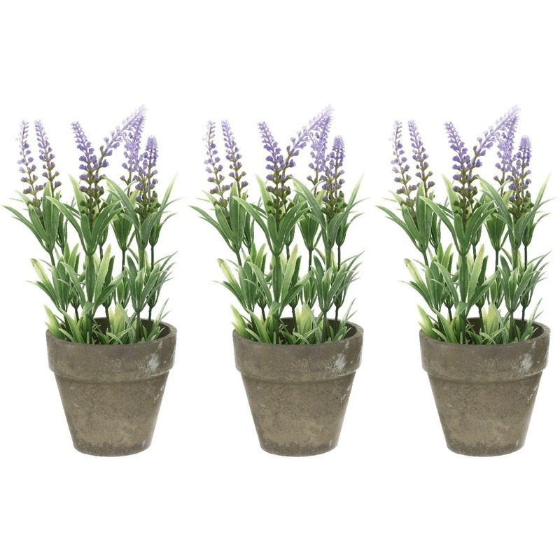 Shoppartners Bellatio Lavendel kunstplant - 4x stuks - lila - 25 cm - in betonlook potje - Kunstplanten - nepplan -