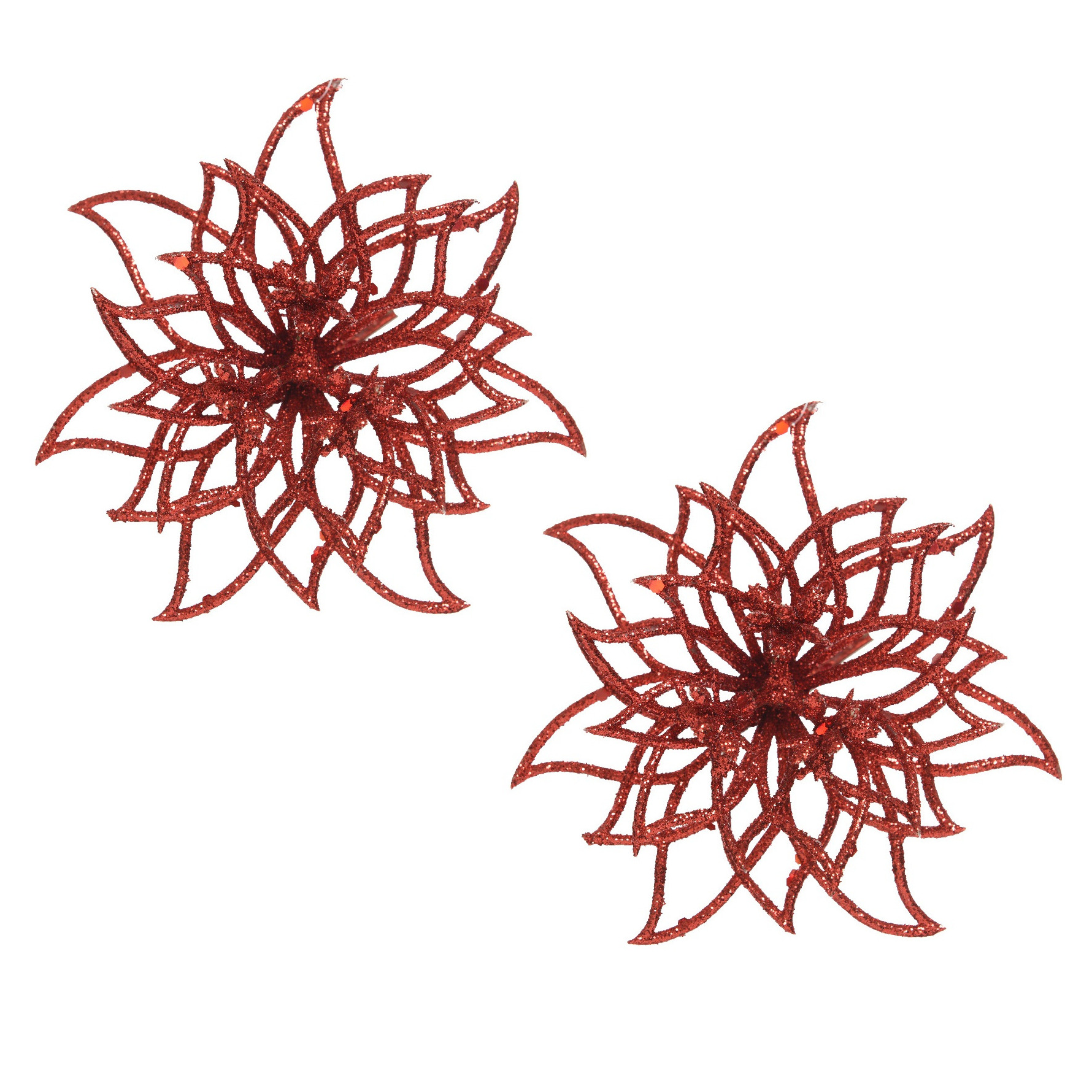 Merkloos Kerstboom decoratie bloemen - 2x stuks - kerstster - rood glitters - op clip - 14 cm - kerstversieri -