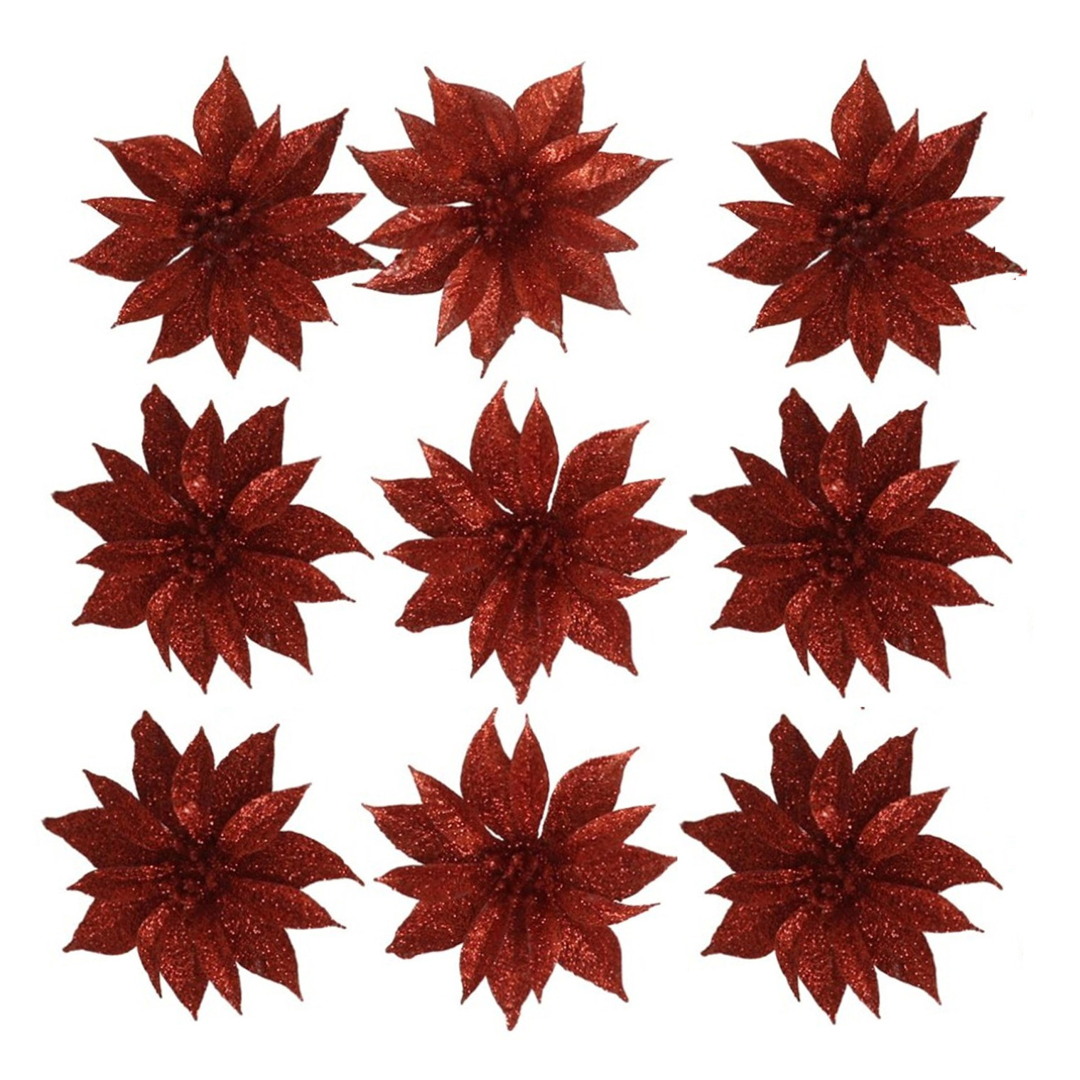 Gerimport Kerstboomversiering Bloemen - 12x stuks - 9 cm - rood glitter - op clip -