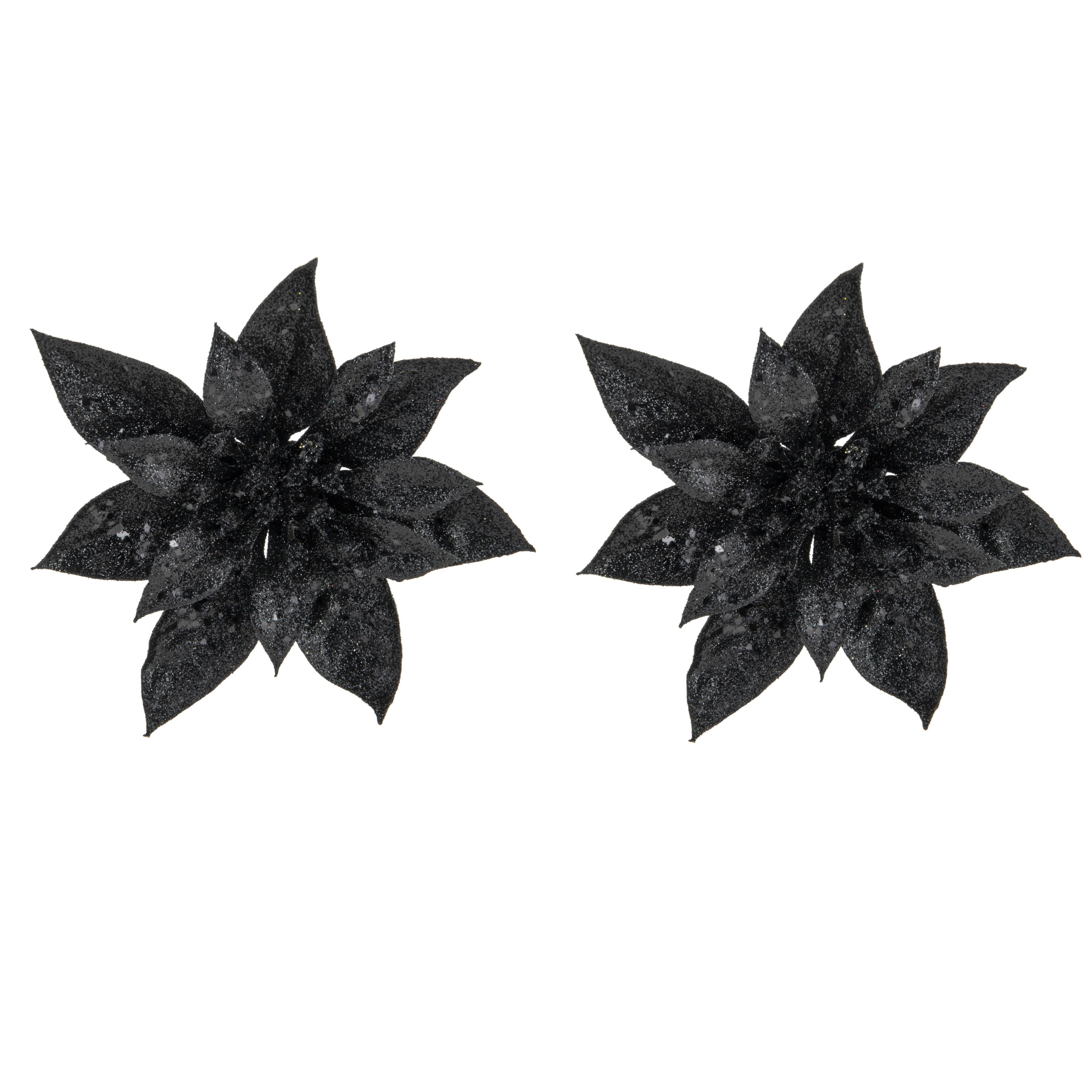 Cosy & Trendy Decoratie bloem - 2x stuks - kerstster - op clip - zwart - glitter -15 cm - kunststof - kerstversier -
