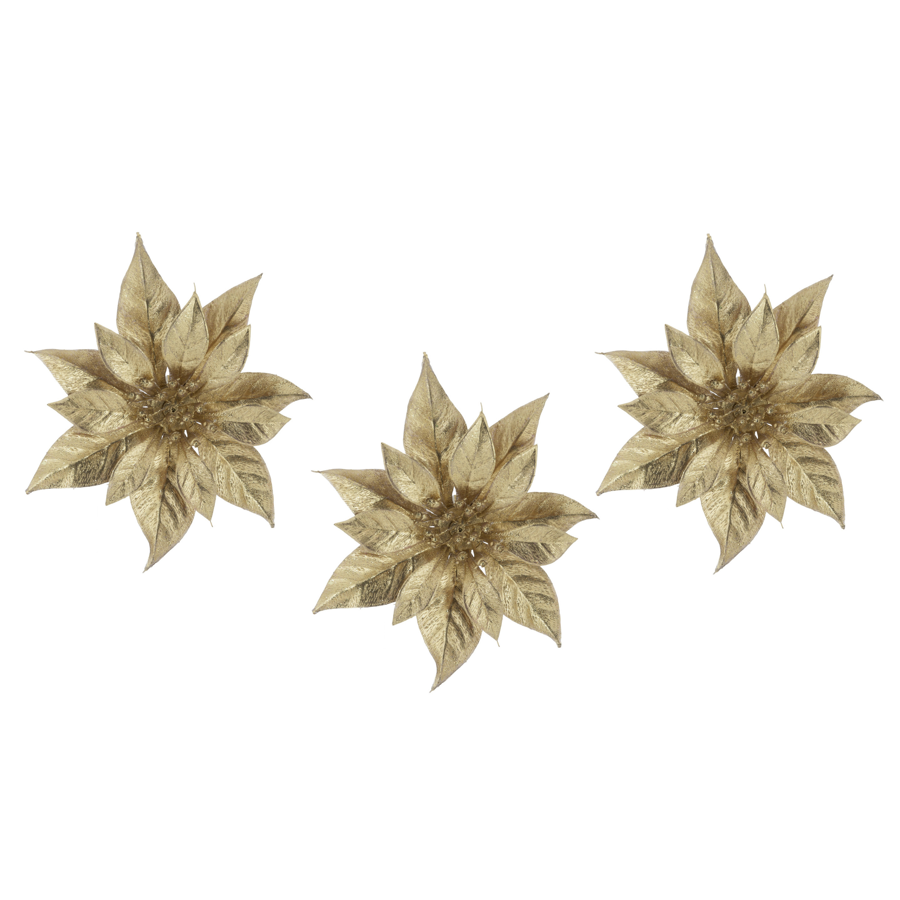Cosy & Trendy Decoratie bloem - 3x stuks - kerstster - op clip - goud - glitter -18 cm - kunststof - kerstversieri -