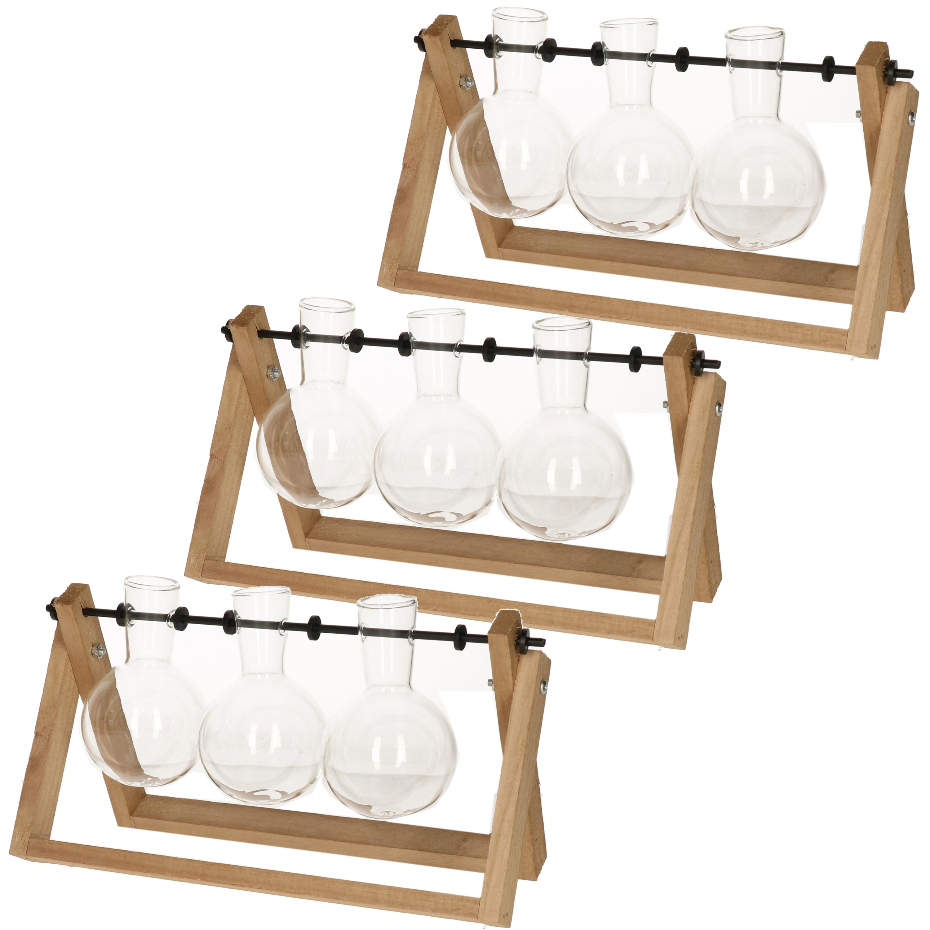 Esschert Design Stekvaasjes in houder - 3x stuks - hout - met 3 glazen vaasjes - 26 x 7 x 15 cm - stekstation -