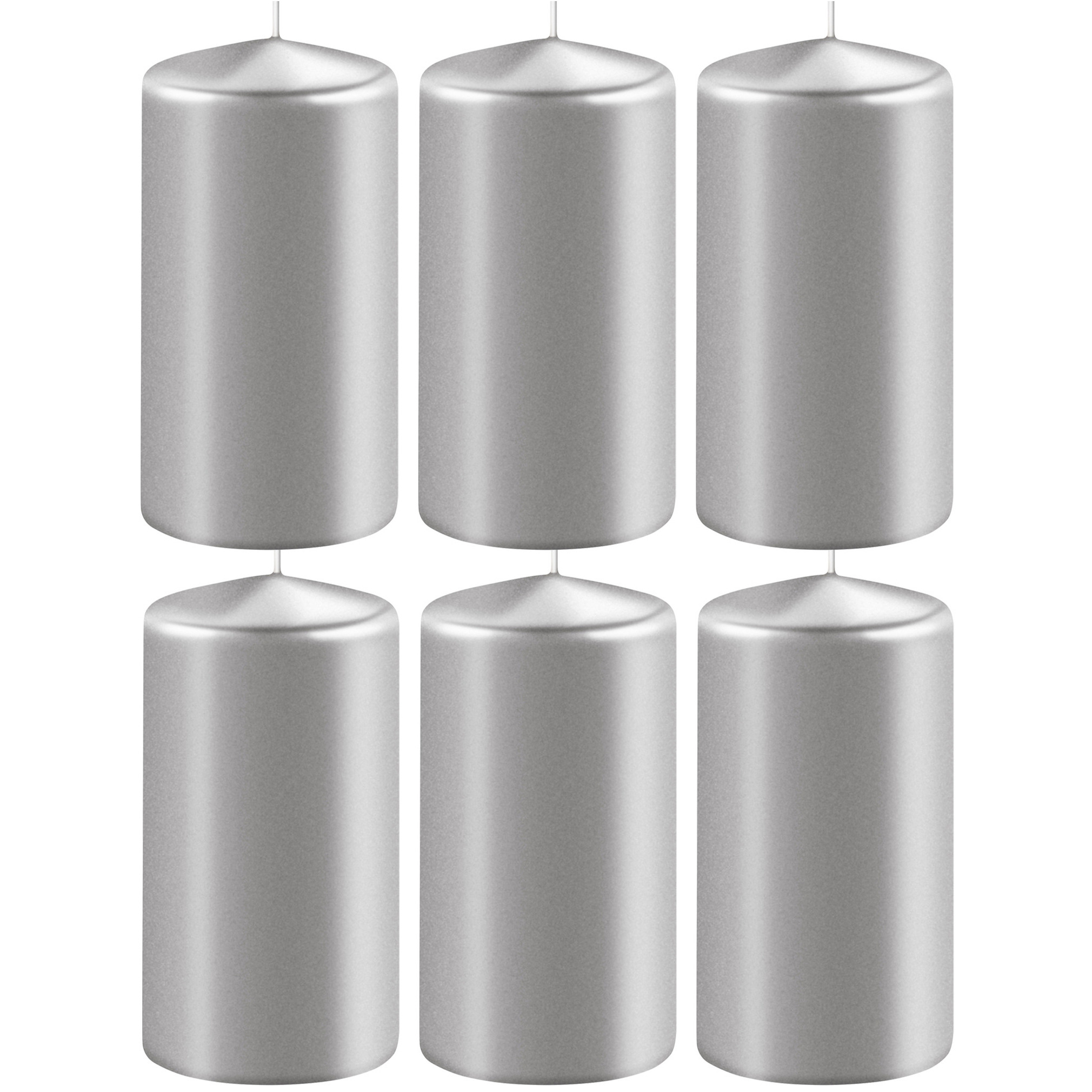 Enlightening Candles Cilinder stompkaars - 6x - zilver - D6 x H10 cm - branduren -