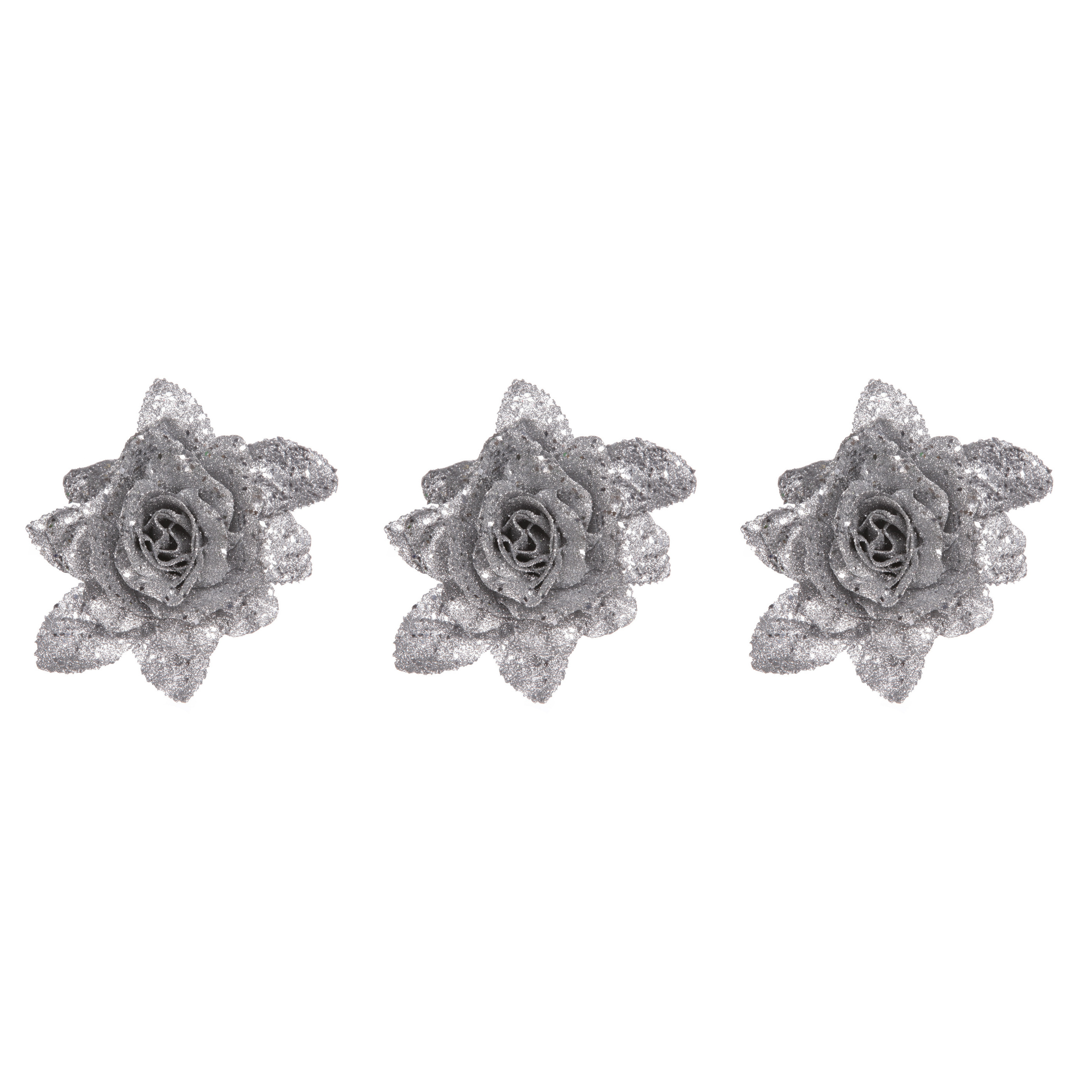 Cosy & Trendy Kerstboomversiering Bloemen - 3x - 10 cm - zilver glitter - op clip - ornament - roos -