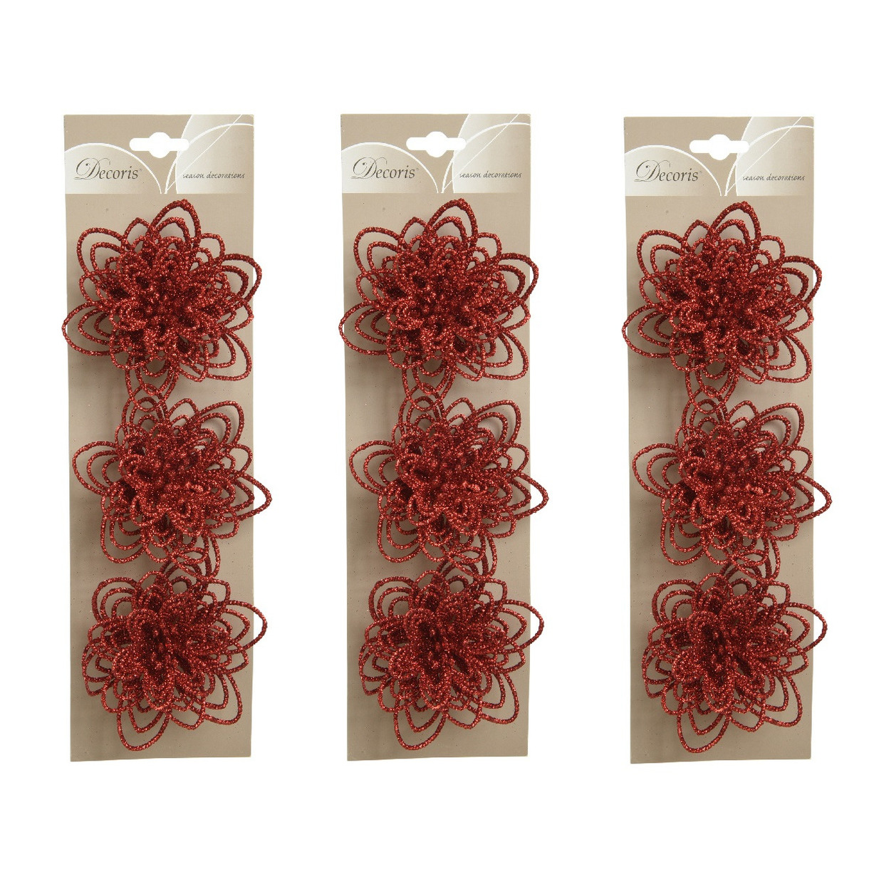 Merkloos Kerstboomversiering Bloemen - 12x stuks - 11 cm - rood glitter - op clip - ornament -