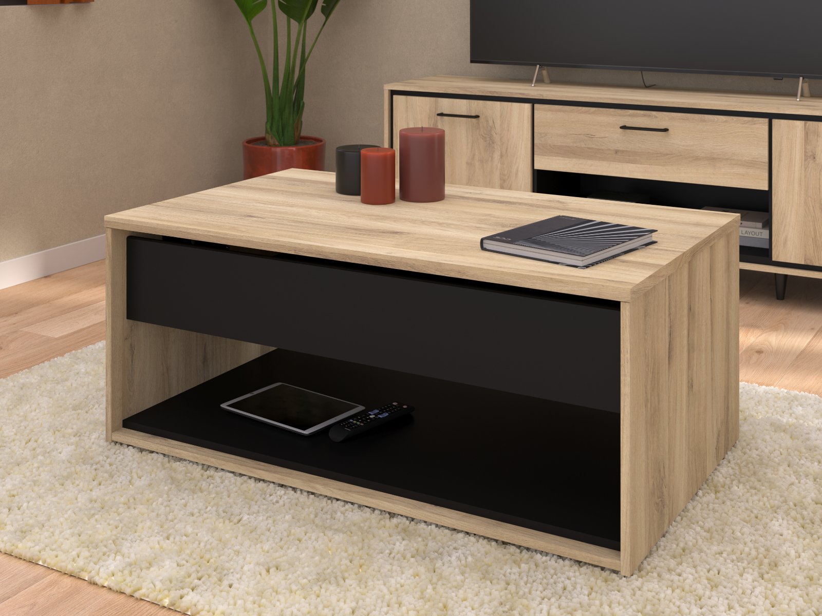 Mobistoxx Salontafel met opklapbaar blad OSTEO 100 cm kronberg eik/zwart