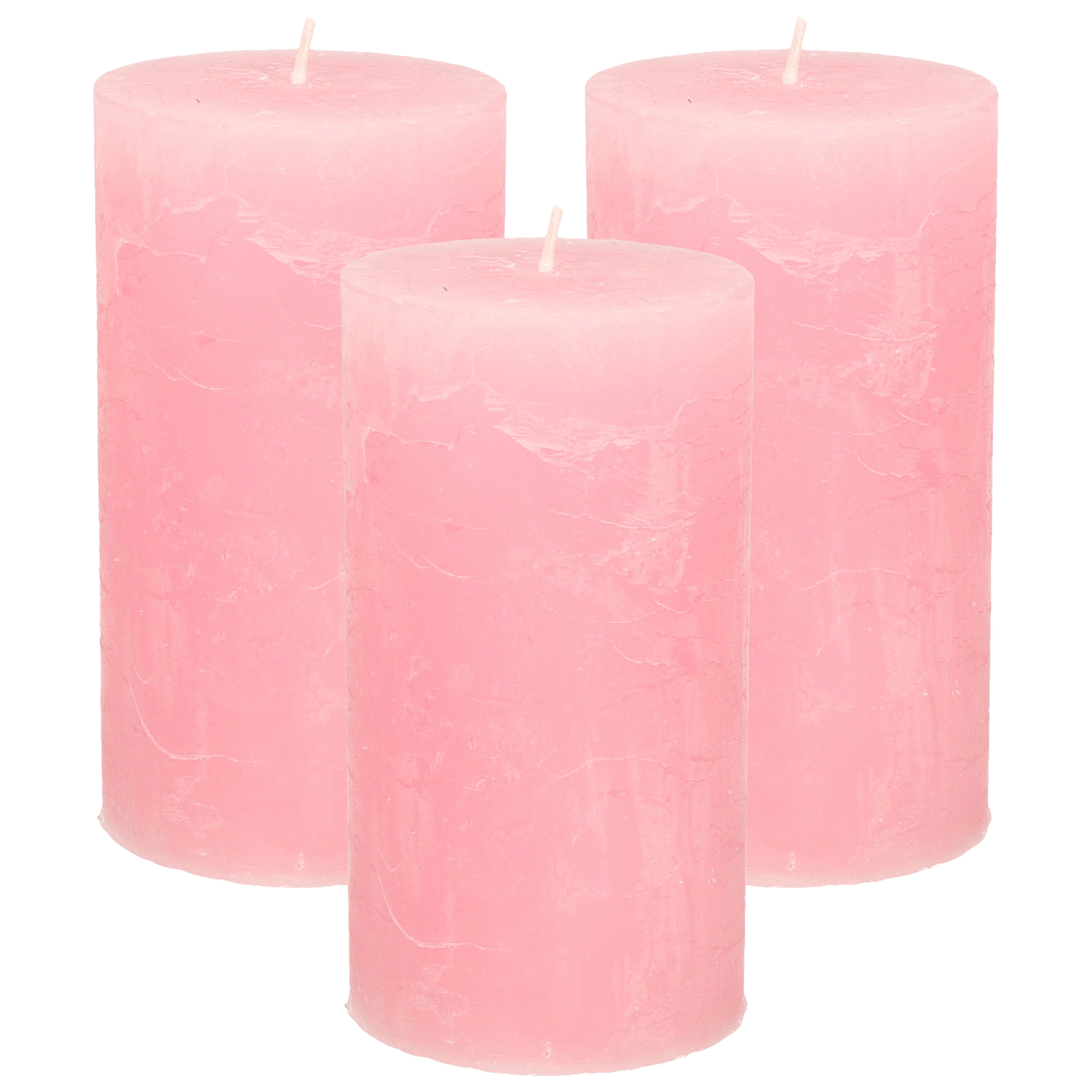 Merkloos Stompkaars - 3x - roze - 7 x 13 cm - rustiek model - cilinderkaars - kaars -