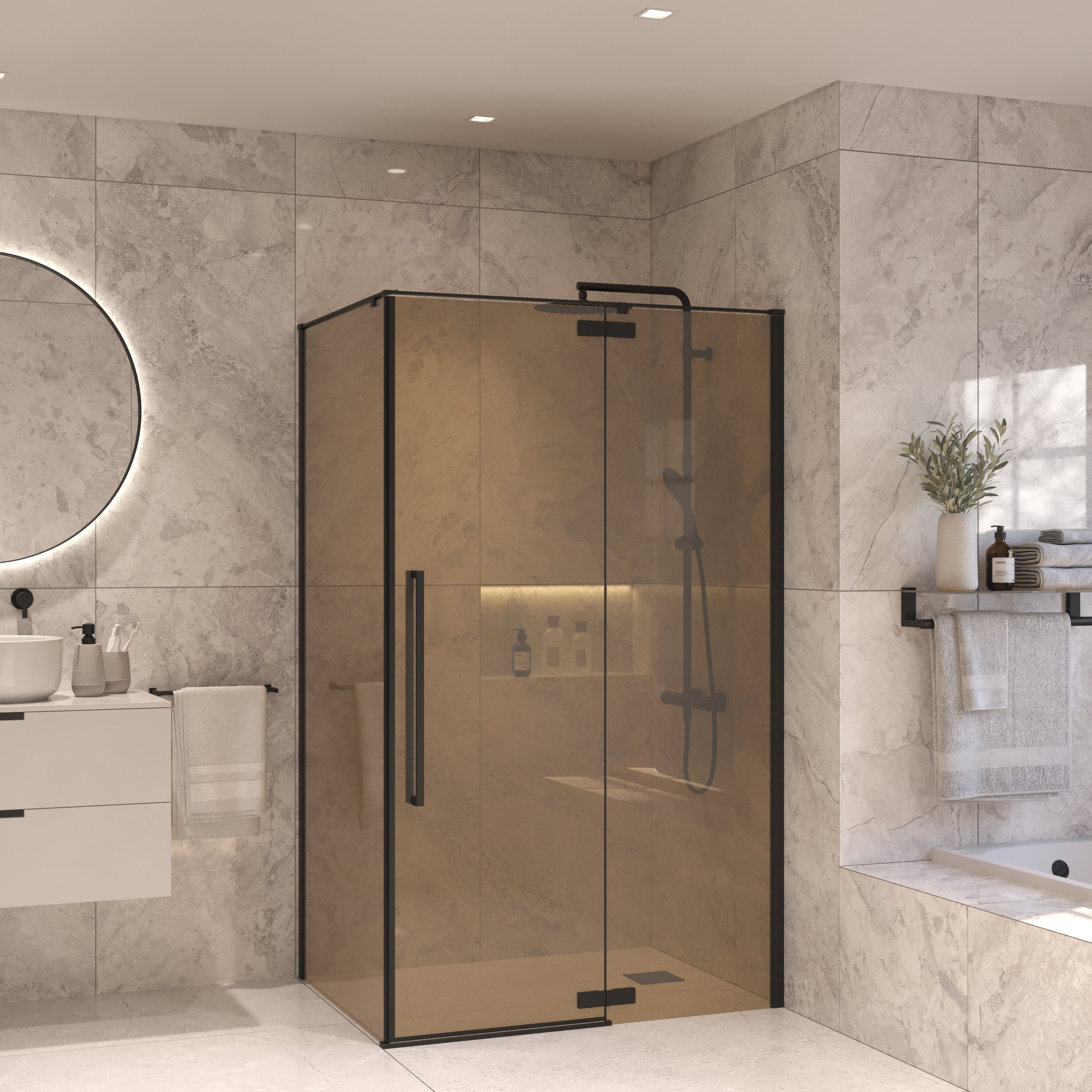 Sanivo Douchecabine  Tira Met Vast Paneel Champagne Glas Met Montagesets Mat Zwart