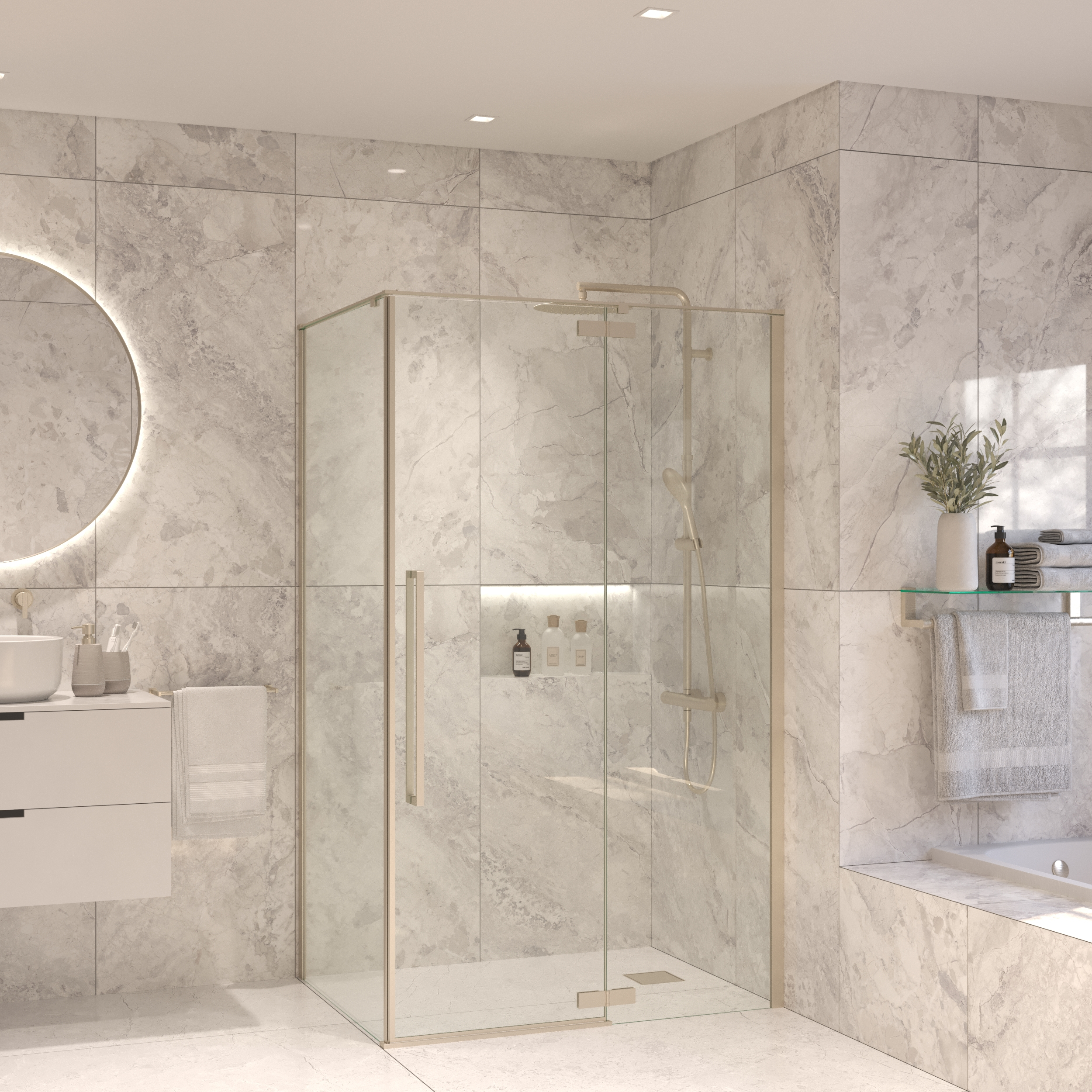 Sanivo Douchecabine  Tira Met Vast Paneel Champagne Glas Met Montagesets RVS Look