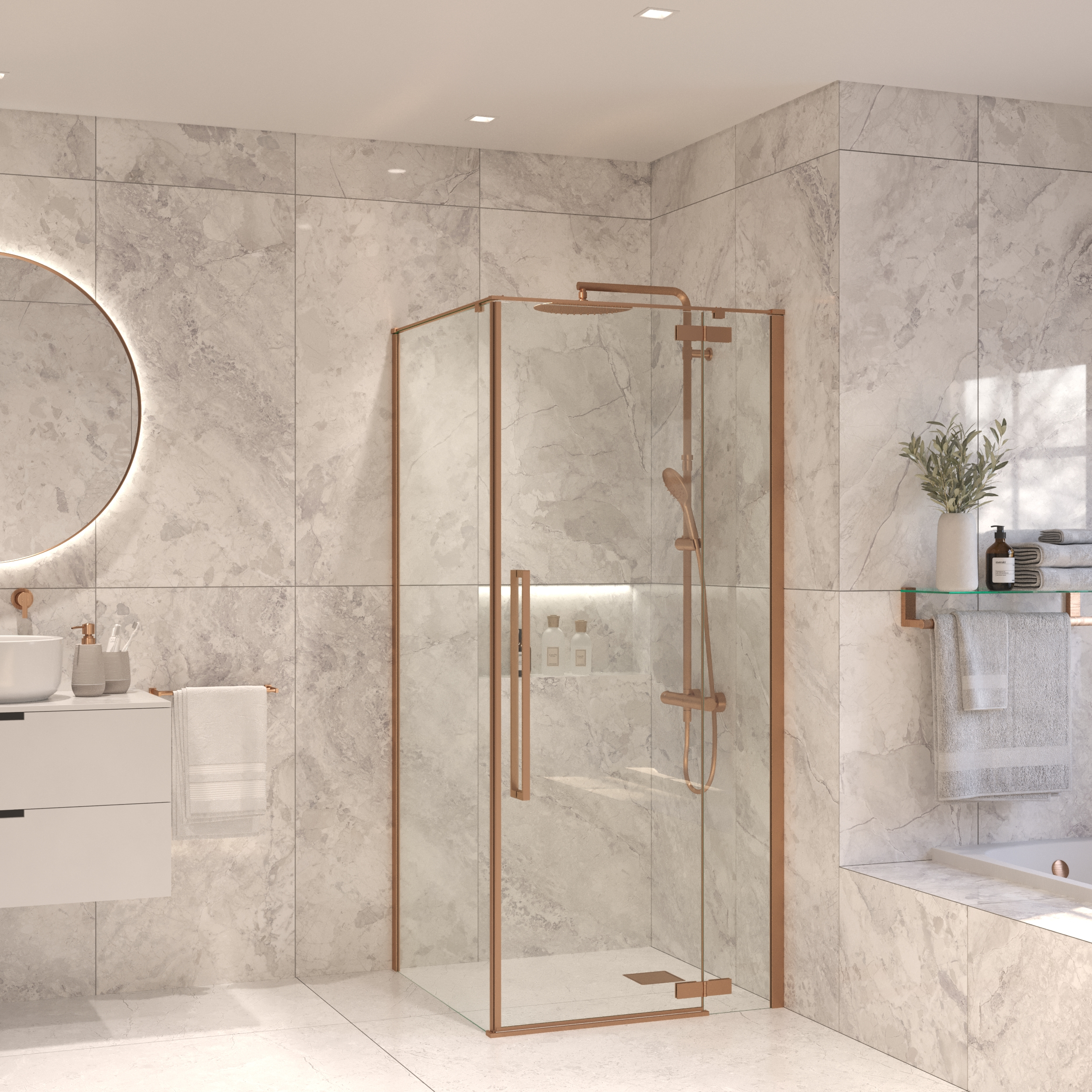 Sanivo Douchecabine  Tira Met Vast Paneel Helder Glas Met Montagesets Geborsteld Brons