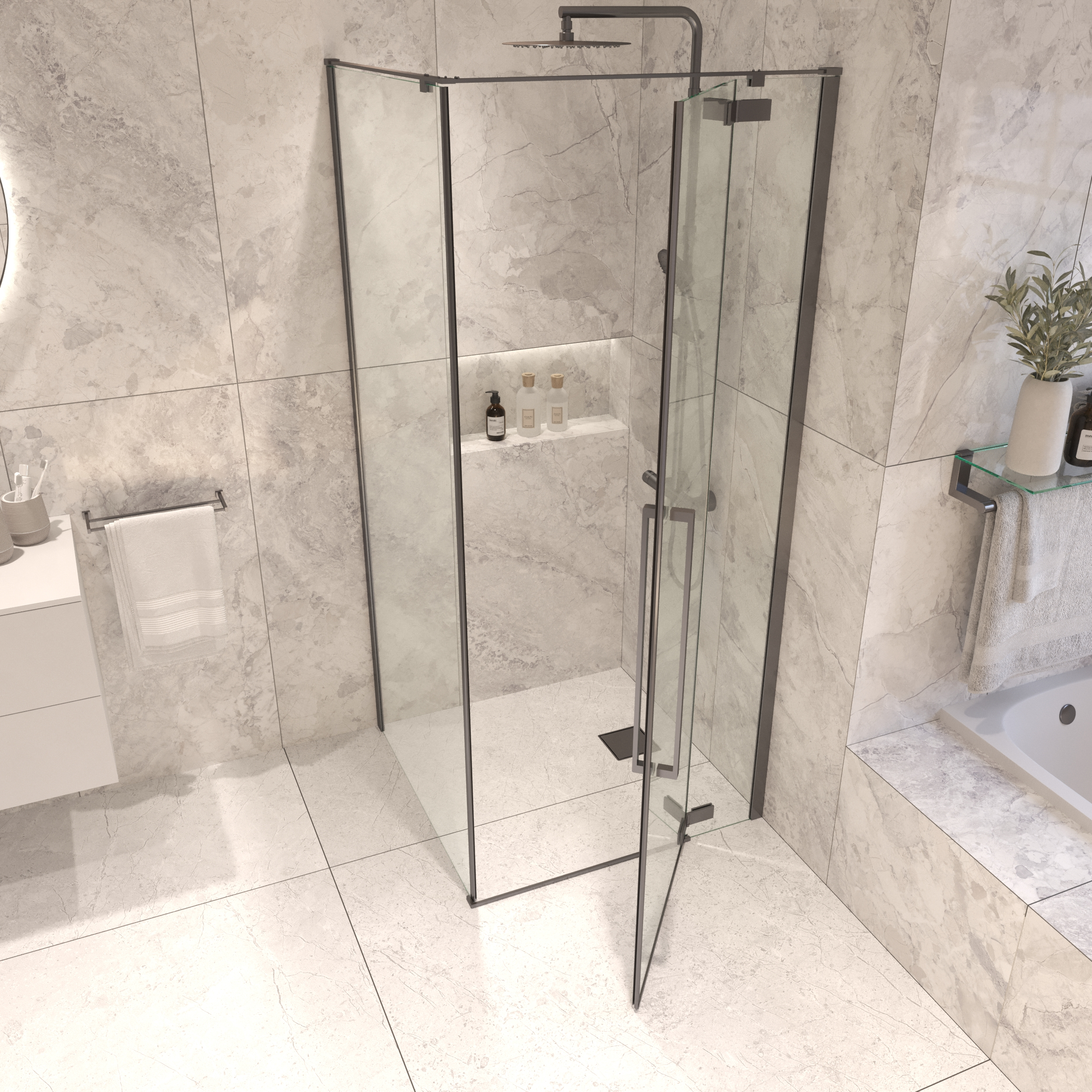 Sanivo Douchecabine  Tira Met Vast Paneel Helder Glas Met Montagesets Gunmetal