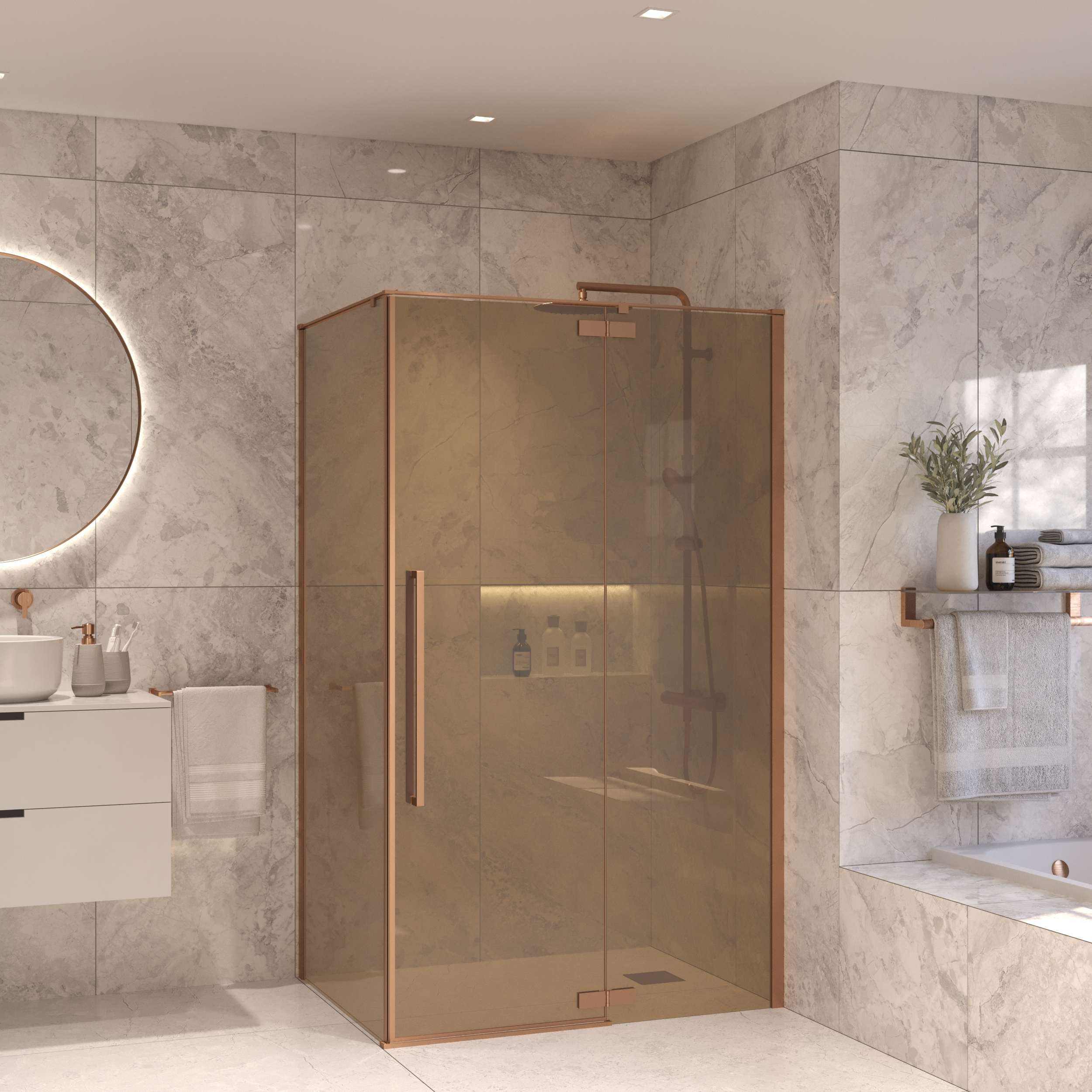 Sanivo Douchecabine  Tira Met Vast Paneel Champagne Glas Met Montagesets Geborsteld Brons