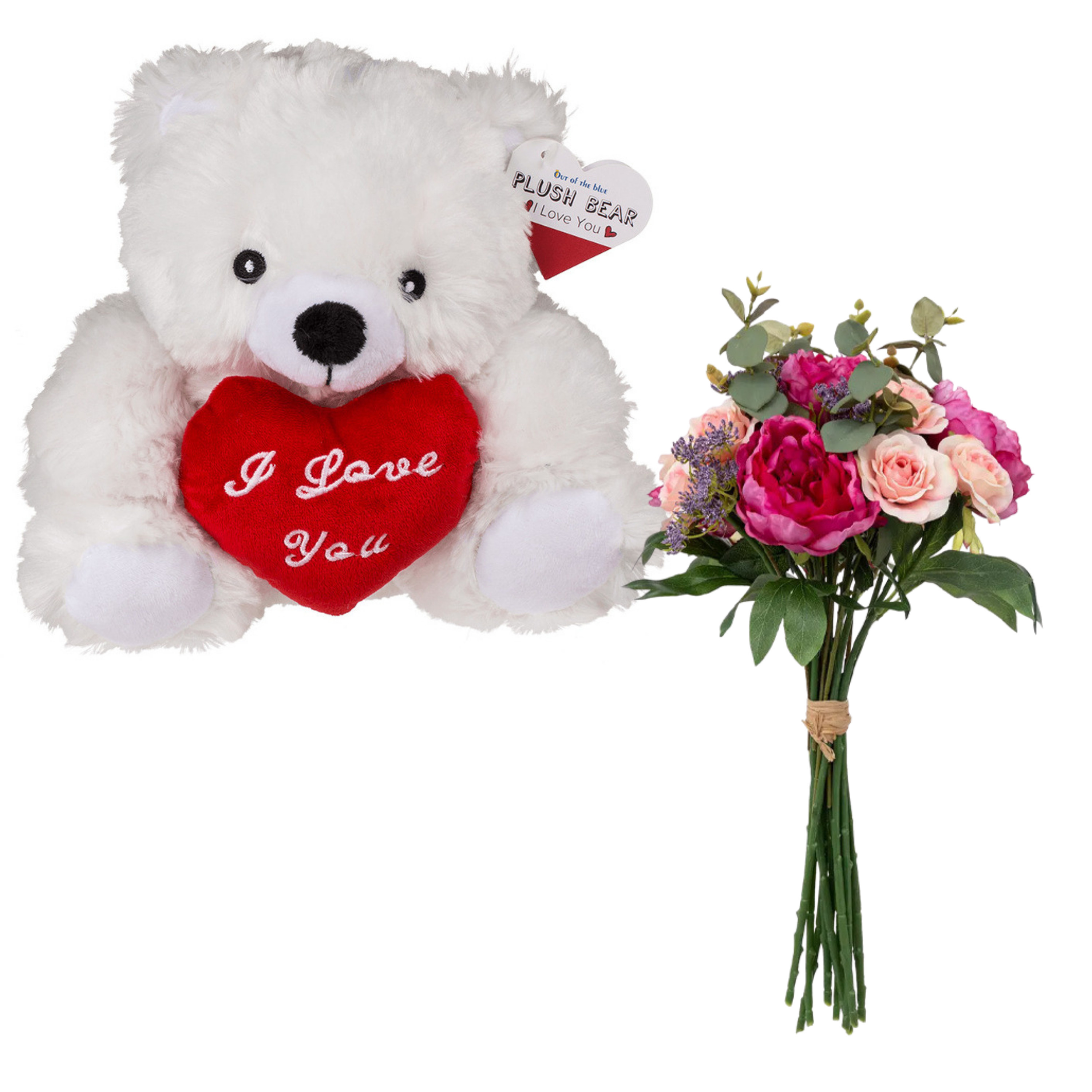 Atmosphera Valentijnscadeau - Beertje en bloemenboeket - kunstbloem - cadeau - romantisch -