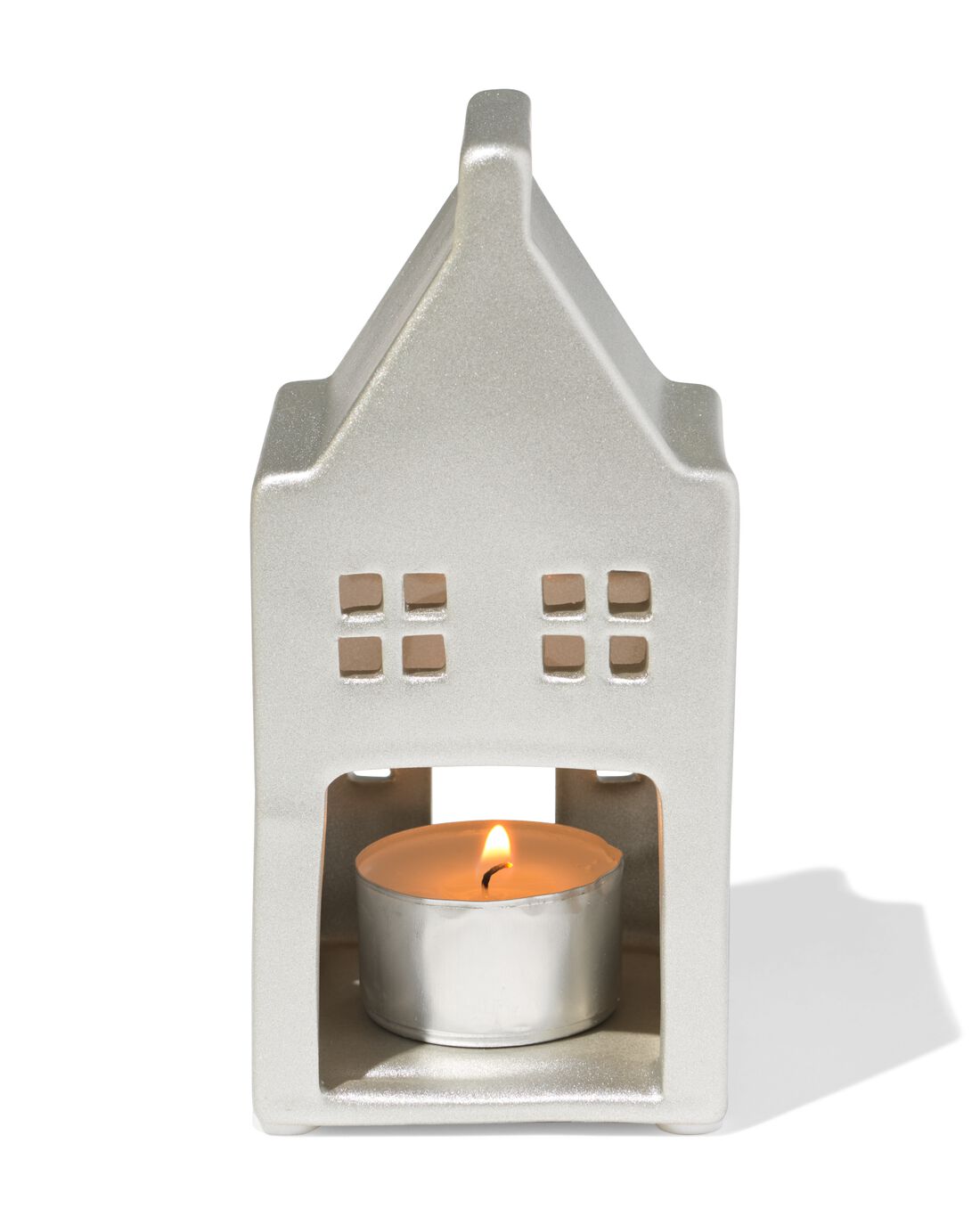 HEMA Theelichthouder 7x14.3x7cm keramiek huisje zilver