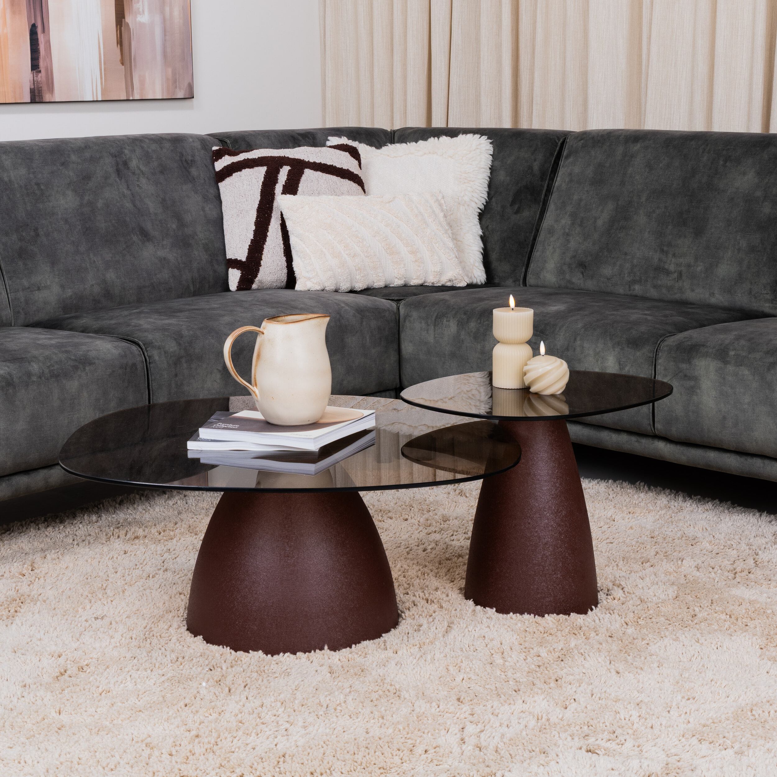 Sohome Organische Salontafel Jacky Glas en gecoat staal, Set van 2 stuks - Burgundy