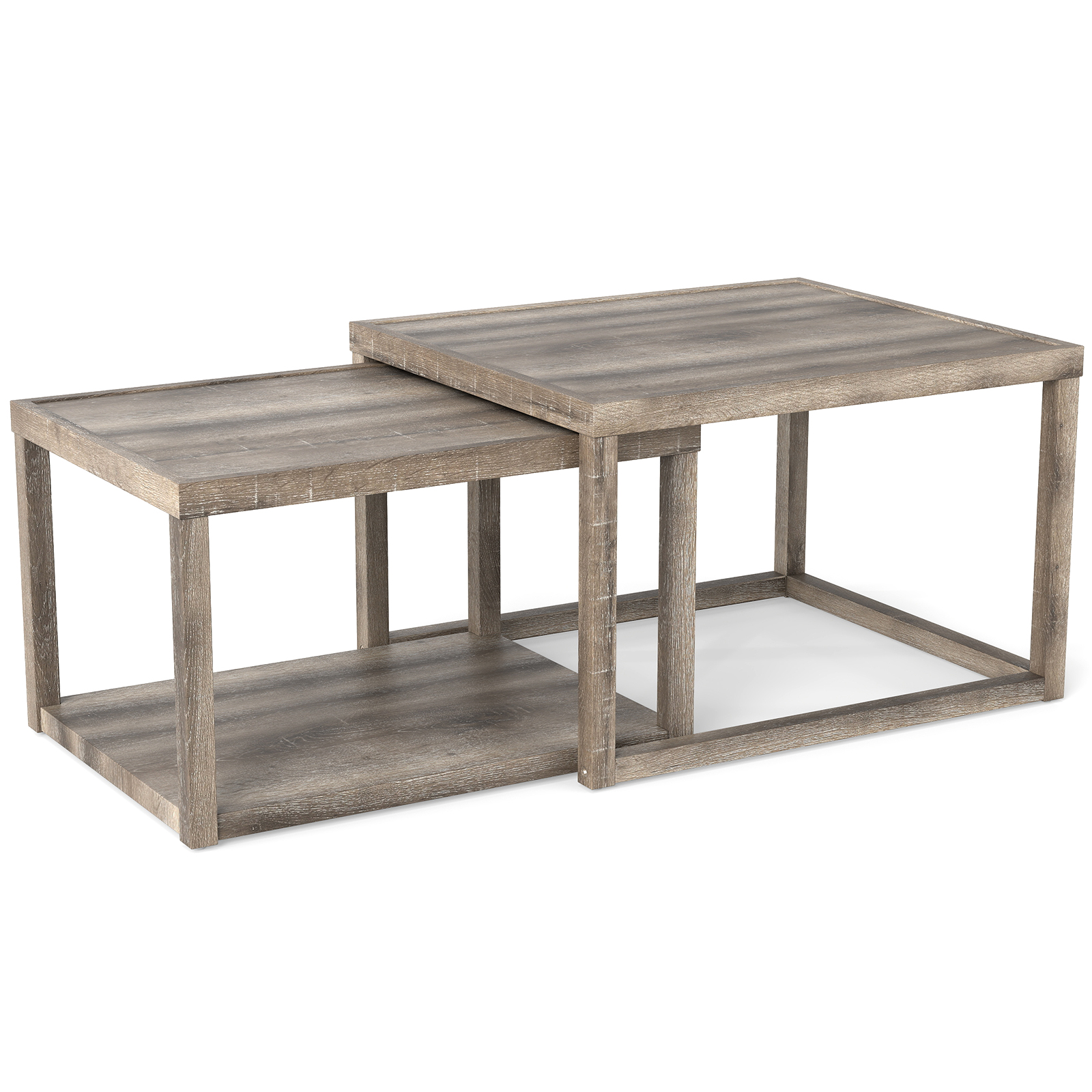 Costway 2-delige set Rechthoekige Salontafel Stapelbare Nesteltafels met Opbergruimte Boerderij Bijzettafel