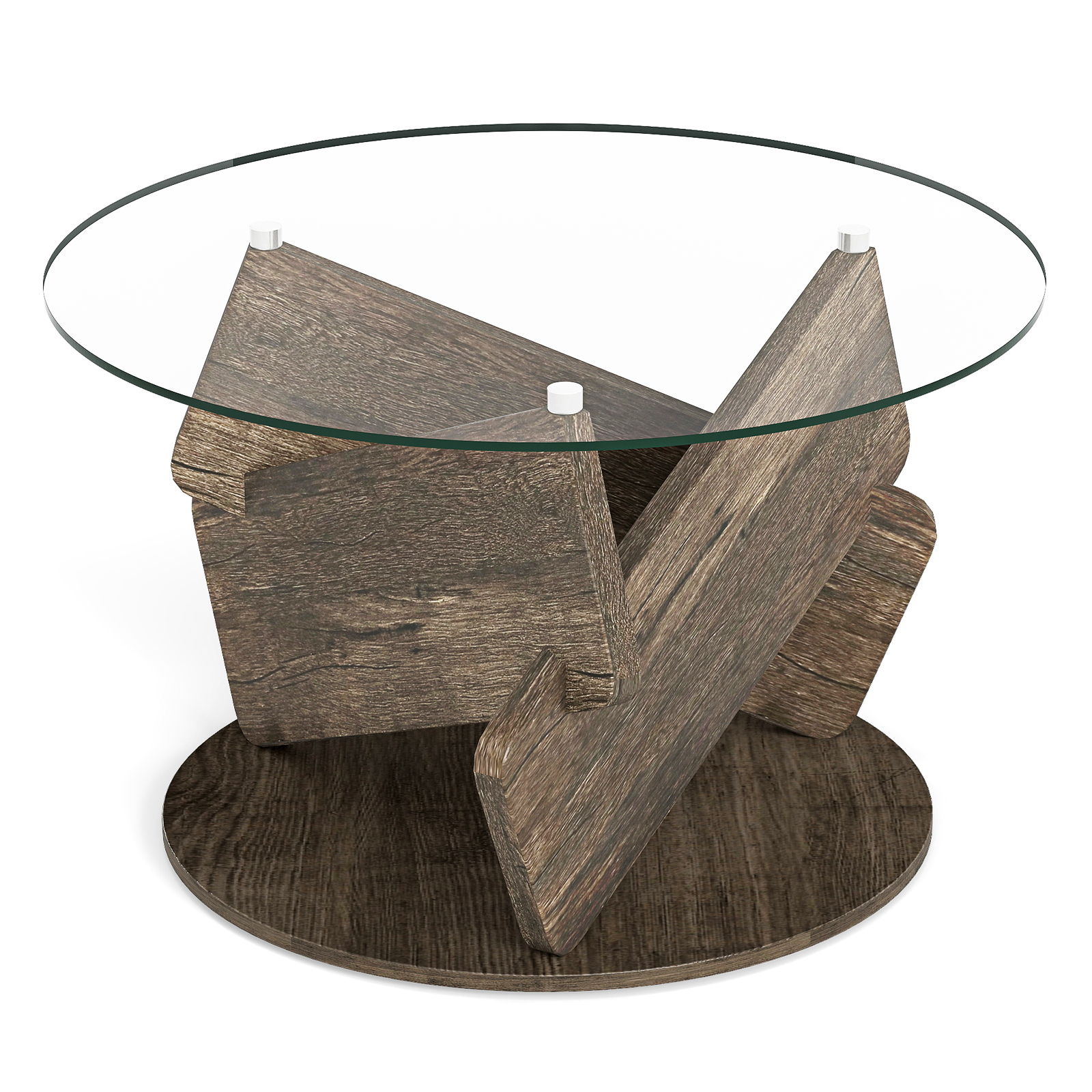 Costway Ronde Glazen Tafel met Gehard Glazen Blad en Massief Houten Frame Moderne Salontafel φ 81cm