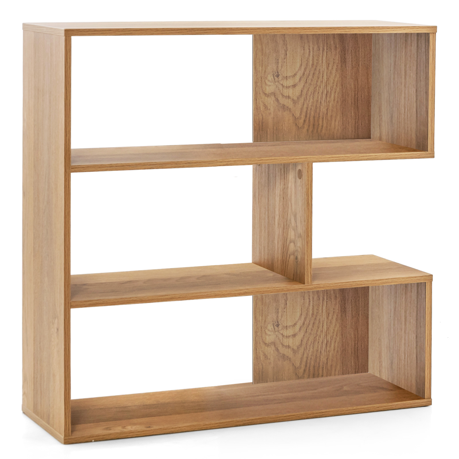 Costway Concaaf Boekenrek met Kantelbeveiliging 3 Niveaus Staande Kast Hout Roomdivider Rek Natuur