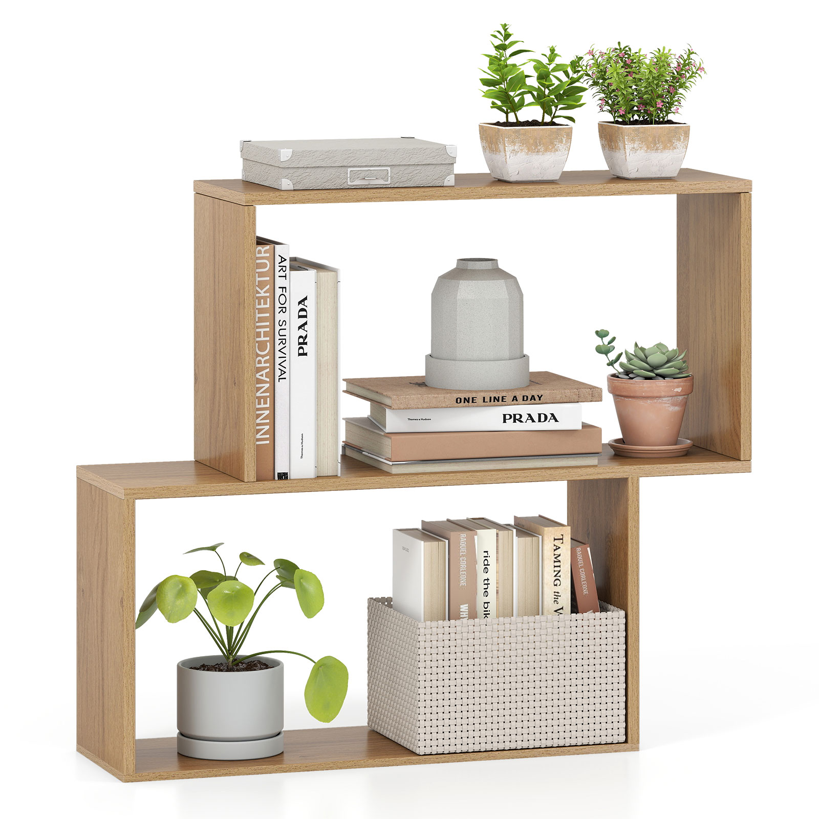 Costway 3-laags Geometrisch Boekenrek Vrijstaand Houten rek met 2 Kubusvormige Vakken Natuur