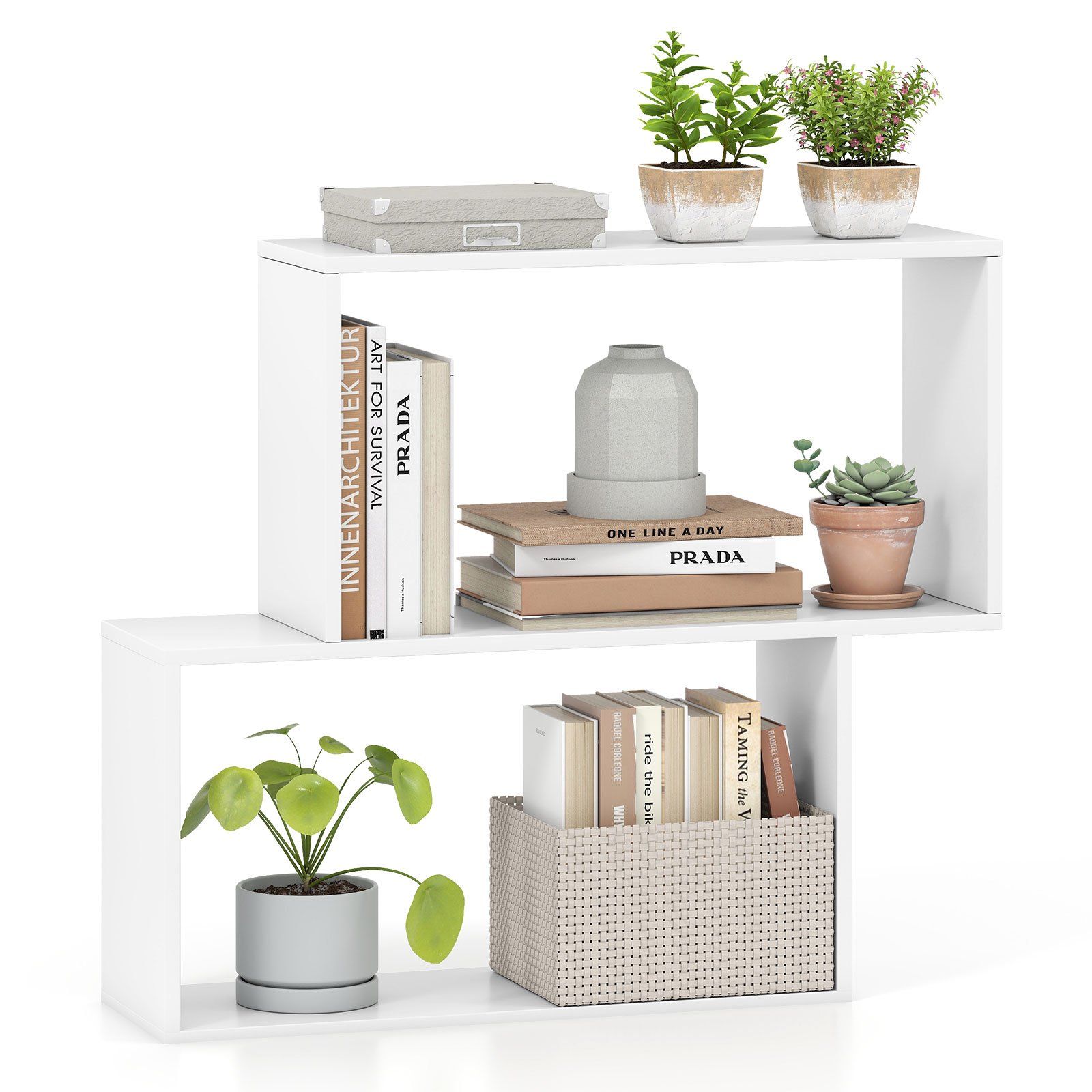Costway 3-laags Geometrisch Boekenrek Vrijstaand Houten rek met 2 Kubusvormige Vakken Wit
