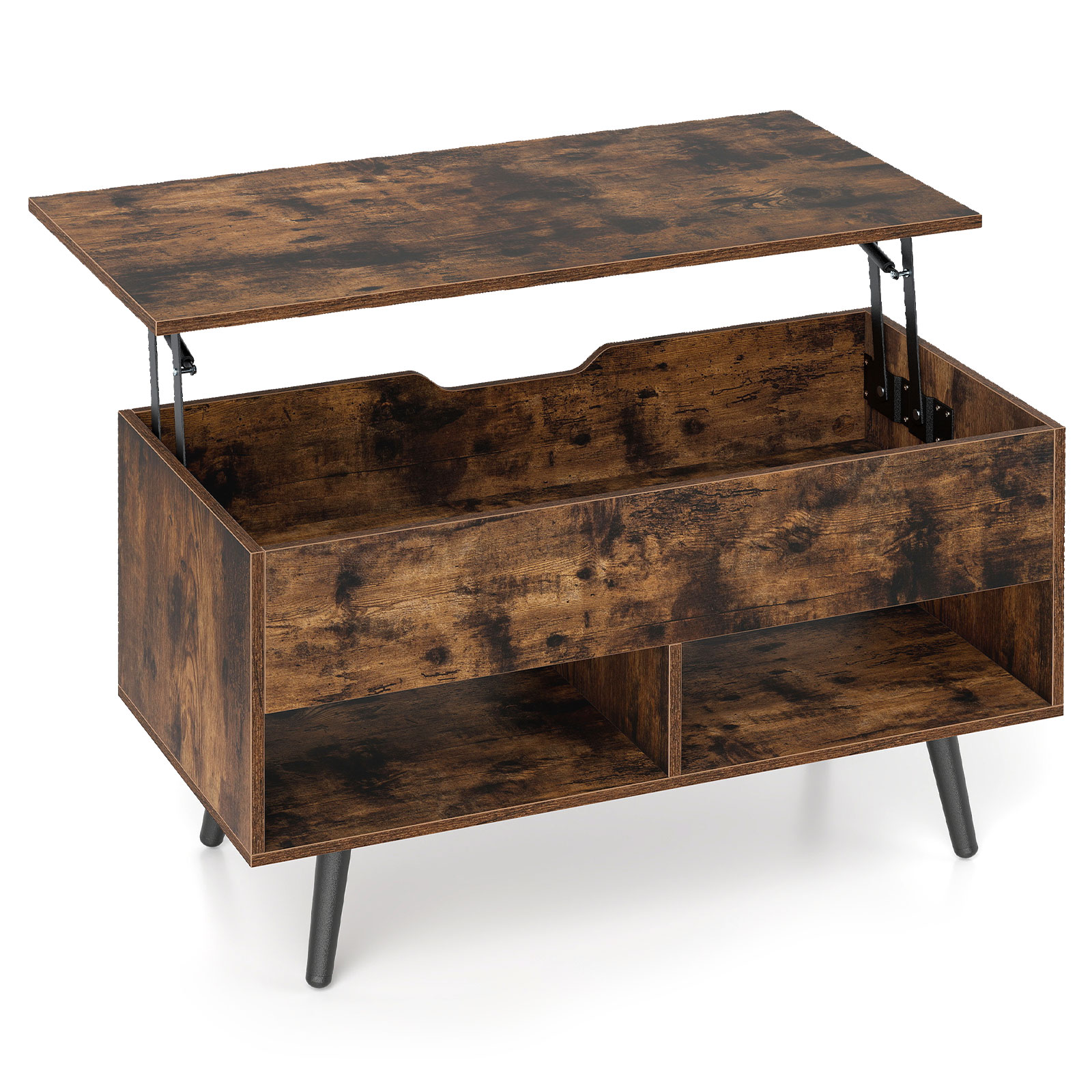 Costway Verstelbare Salontafel met Opklapbaar Tafelblad en 2 Open Planken Rustiek Bruin