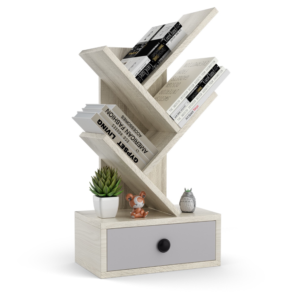 Costway 5-Vaks Boekenkast in Boomvorm Vrijstaande Boekenkast met Lade Mini-Opbergplanken Opbergrek voor CD's Tijdschriften en Boeken Beige