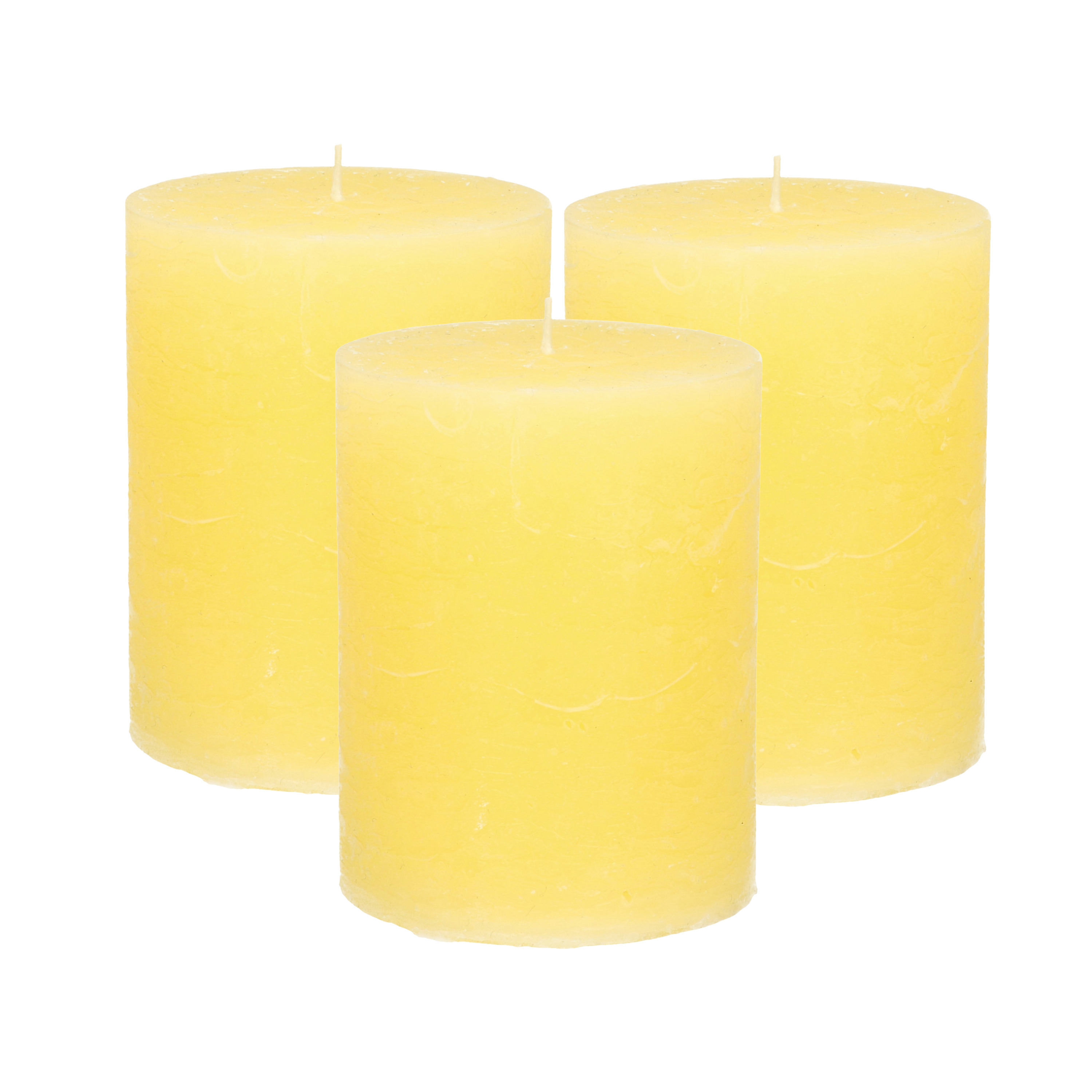 Atmosphera Stompkaars/cilinderkaars - 3x - geel - 7 x 9 cm - middel rustiek model -