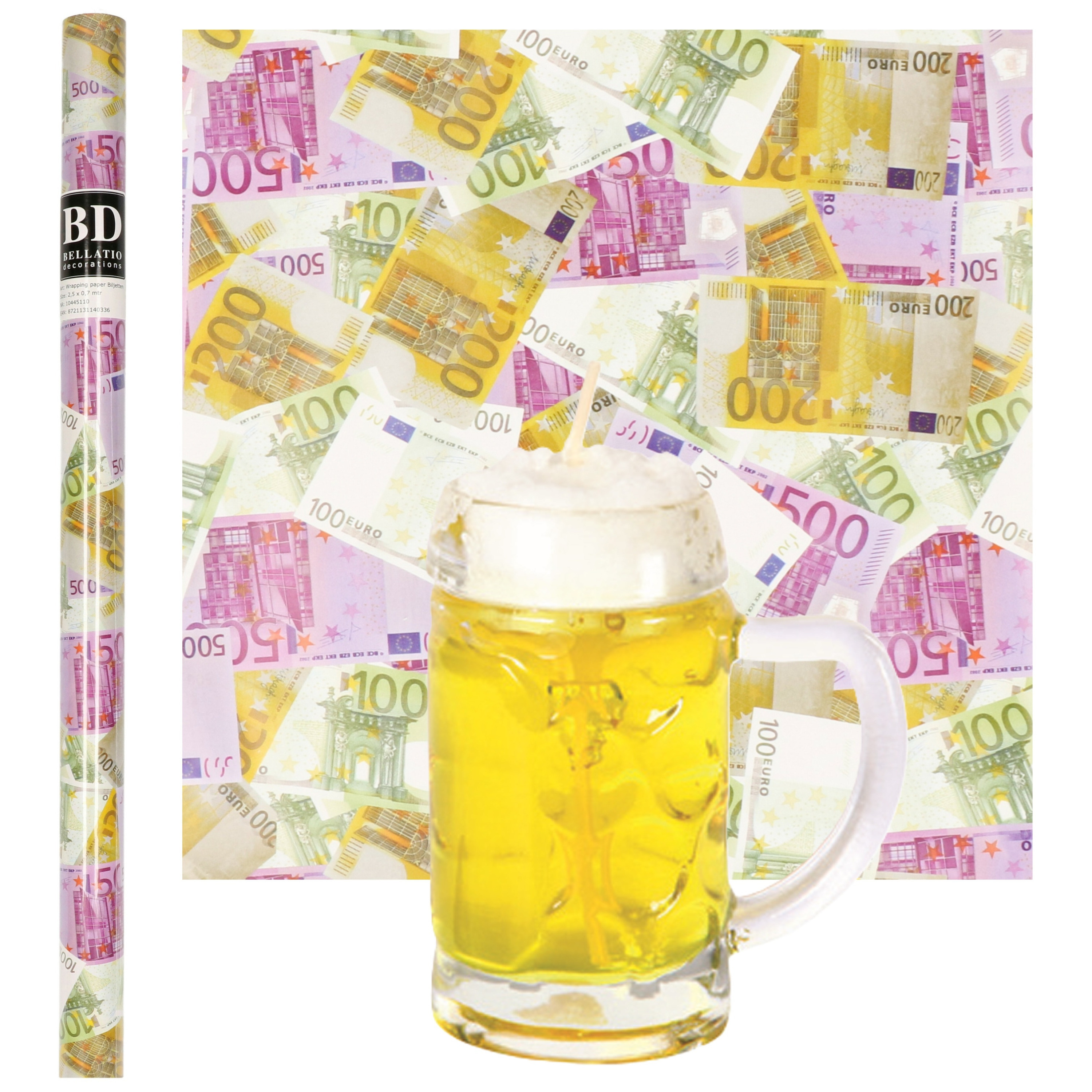 Merkloos Bierpul Kaars - H7,5 cm met Euro Geld Cadeaupapier - vaderdag - opa - oom cadea -