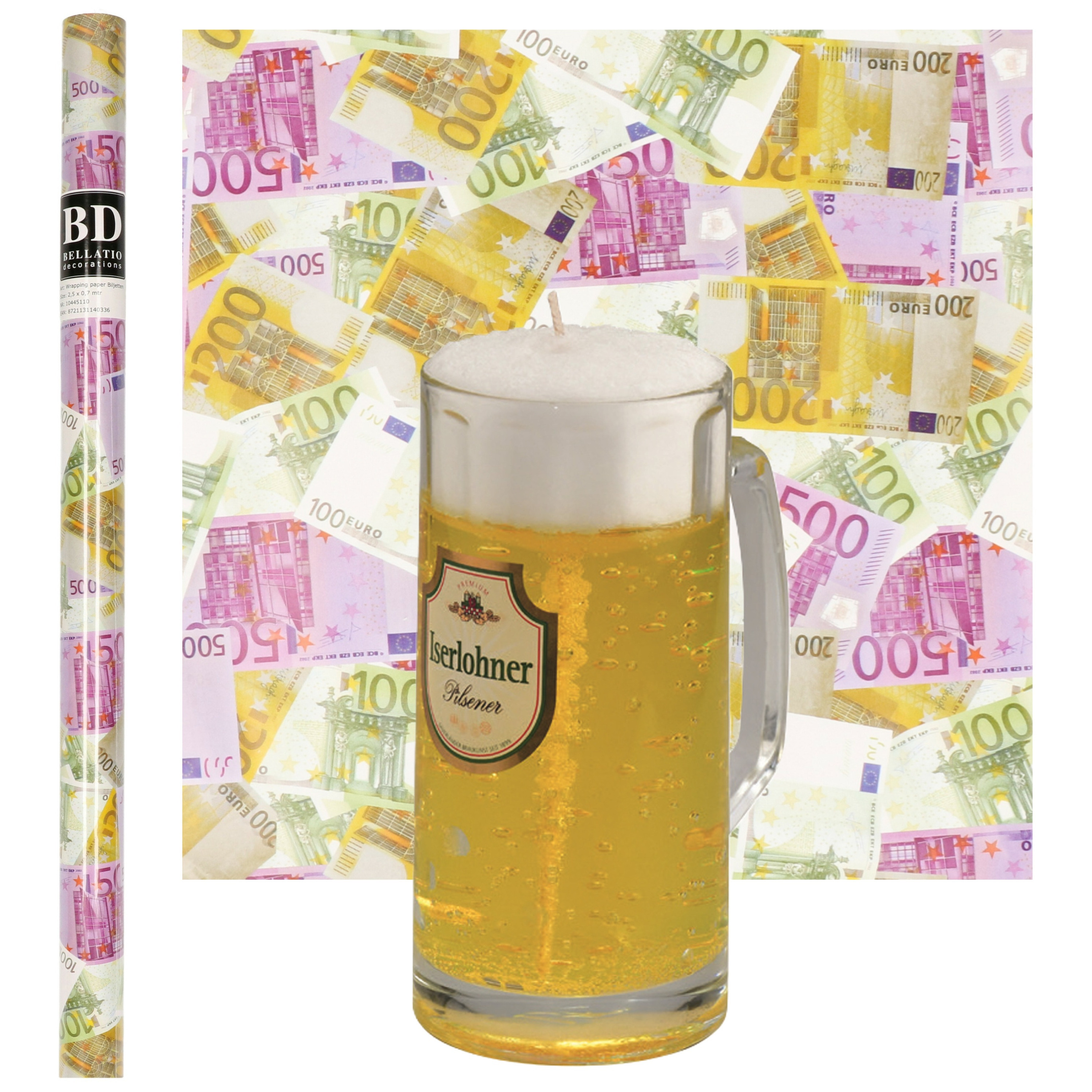 Merkloos Bier Kaars - Duits Bier - H15 cm met Euro Geld Inpakpapier - cadeau voor vaderdag - oom - opa -