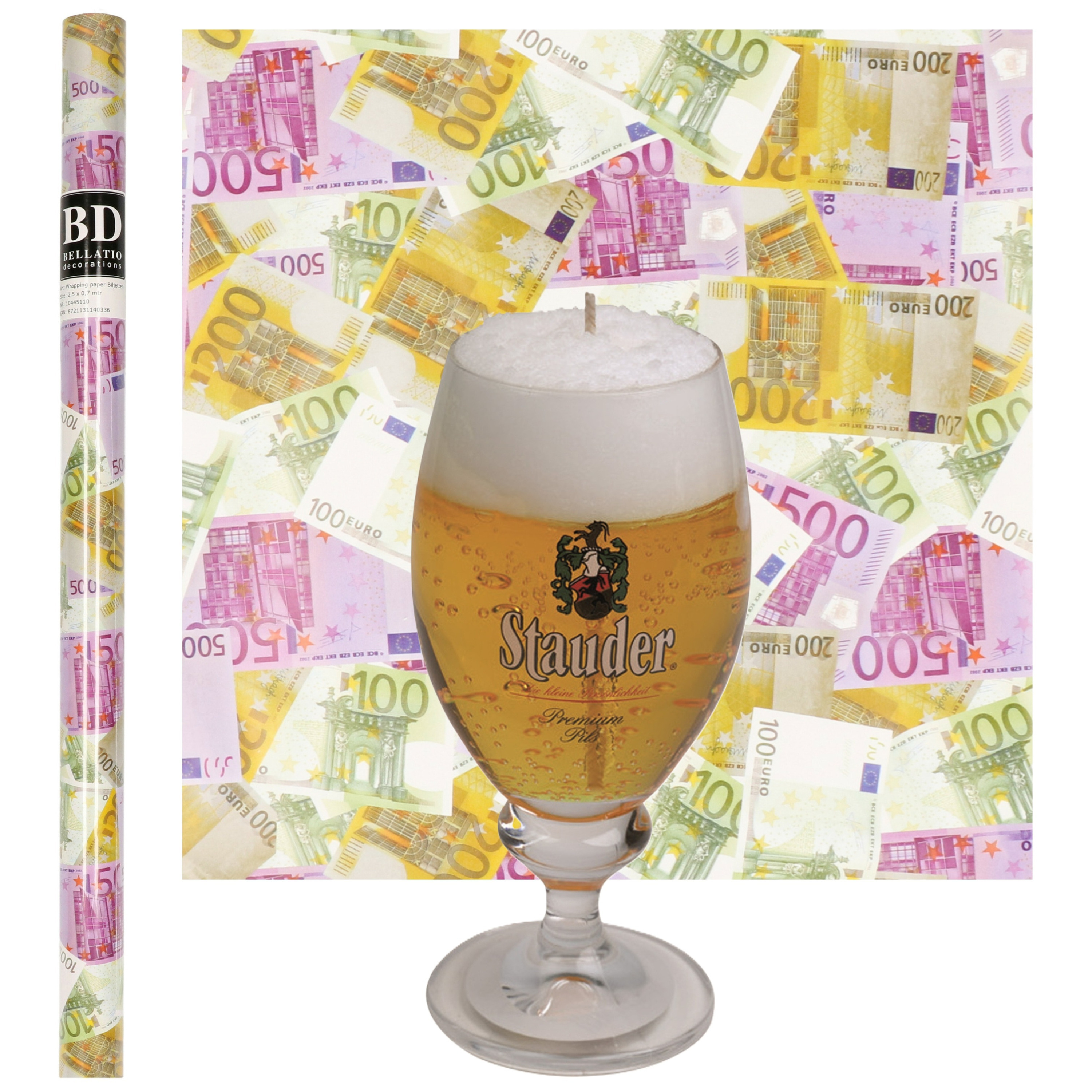 Merkloos Bier kaars - Duits Stauder bier - H15 cm - inclusief cadeaupapier Euro geld biljetten - cadeau -