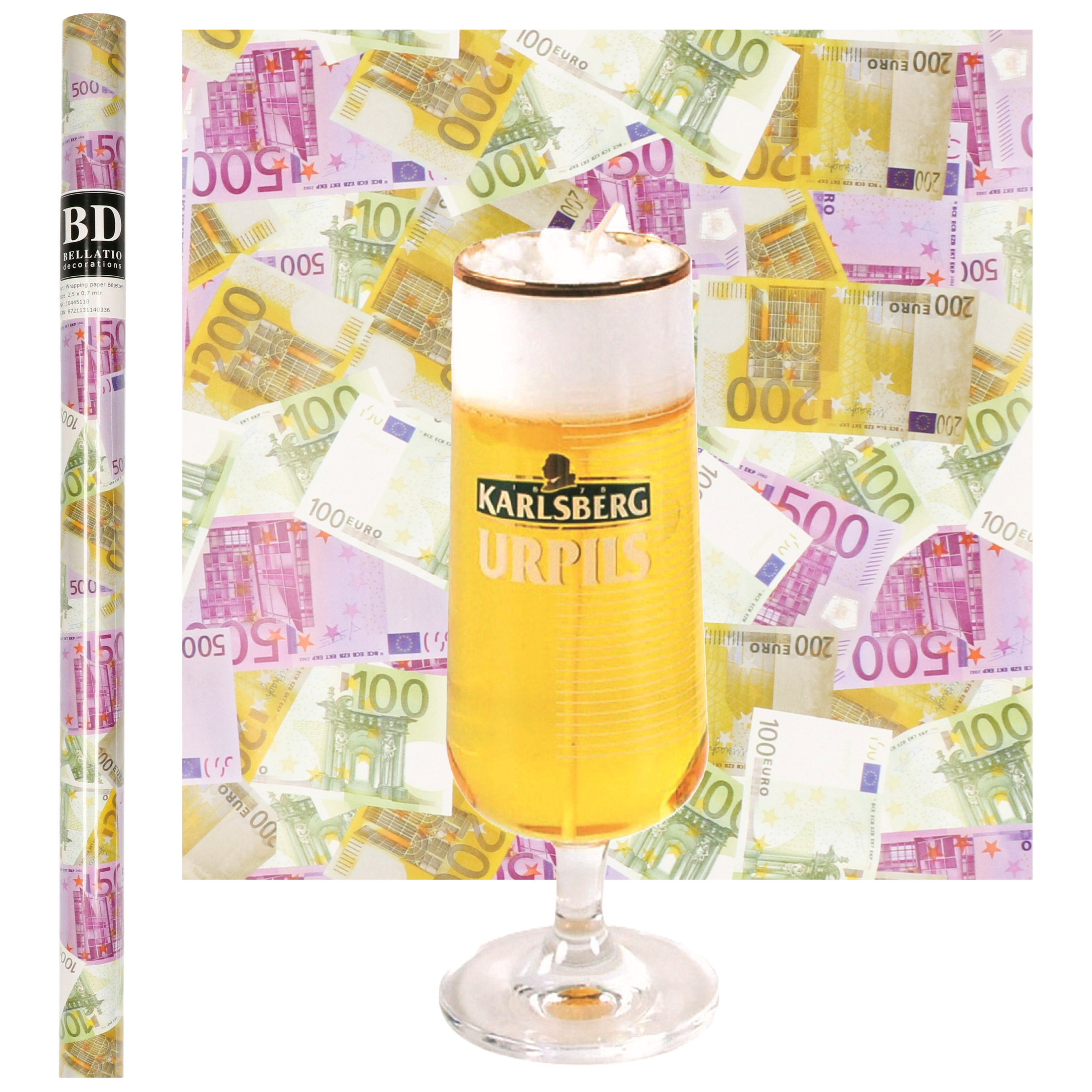 Merkloos Bier Kaars - Karlsberg - H18 cm met Euro Geld Cadeaupapier - cadeau voor vaderdag - opa - oom -