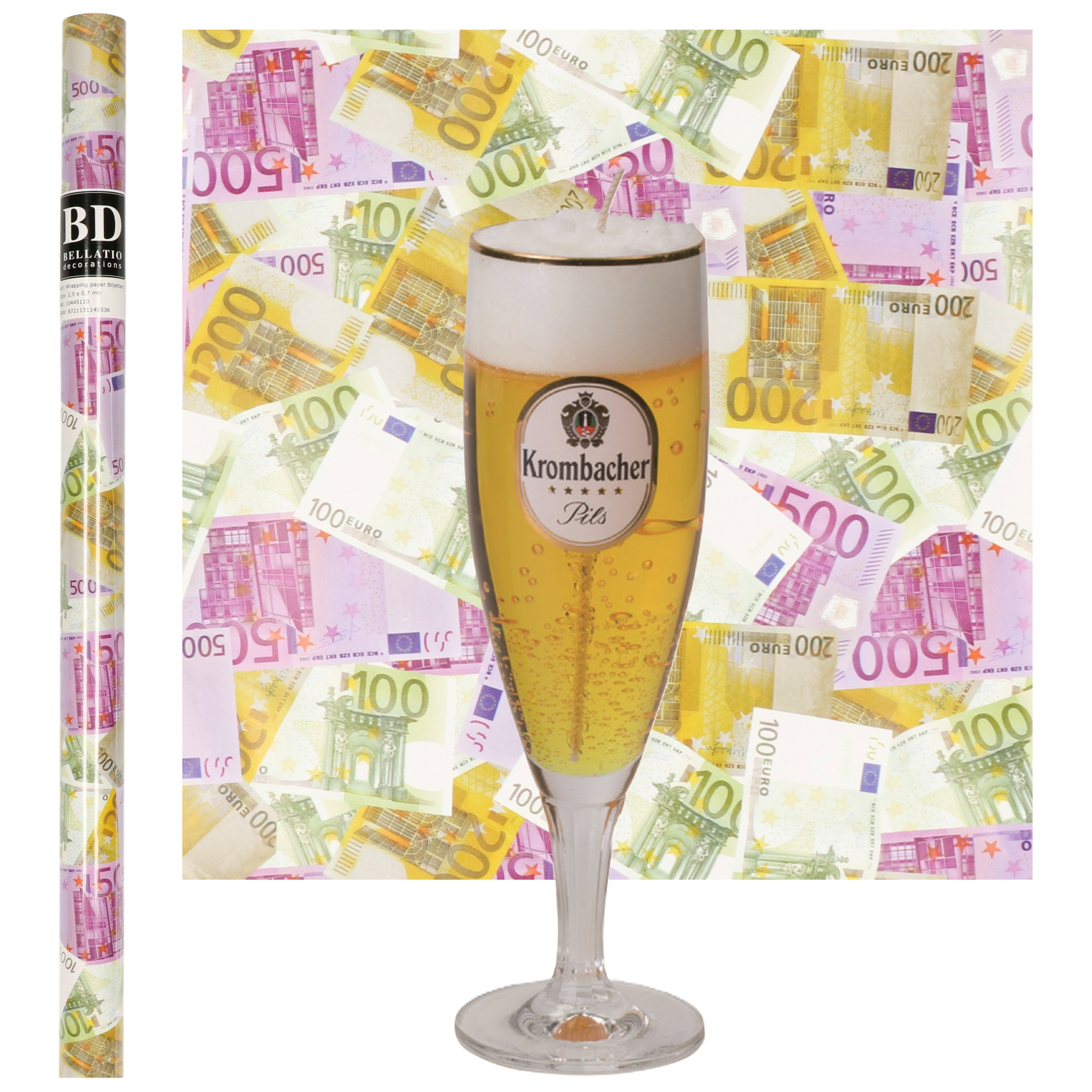 Merkloos Bier Kaars - Krombacher - H20 cm met Euro Geld Cadeaupapier - cadeau- vaderdag - opa - oom -